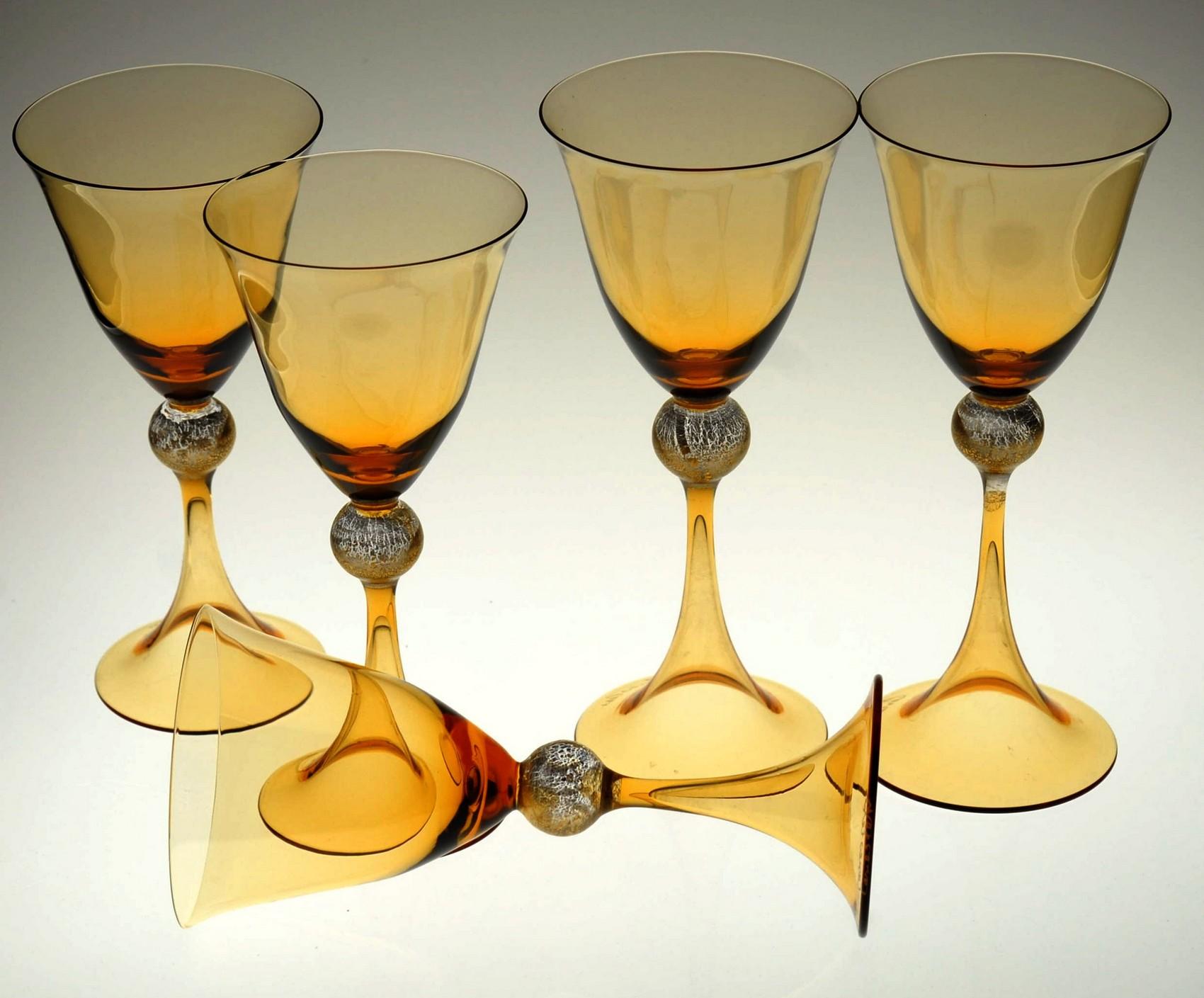 Cenedese 12 Stemmed Glasses 6 Wine 6 Water Murano Amber Gold Leaf, Signed Label 1