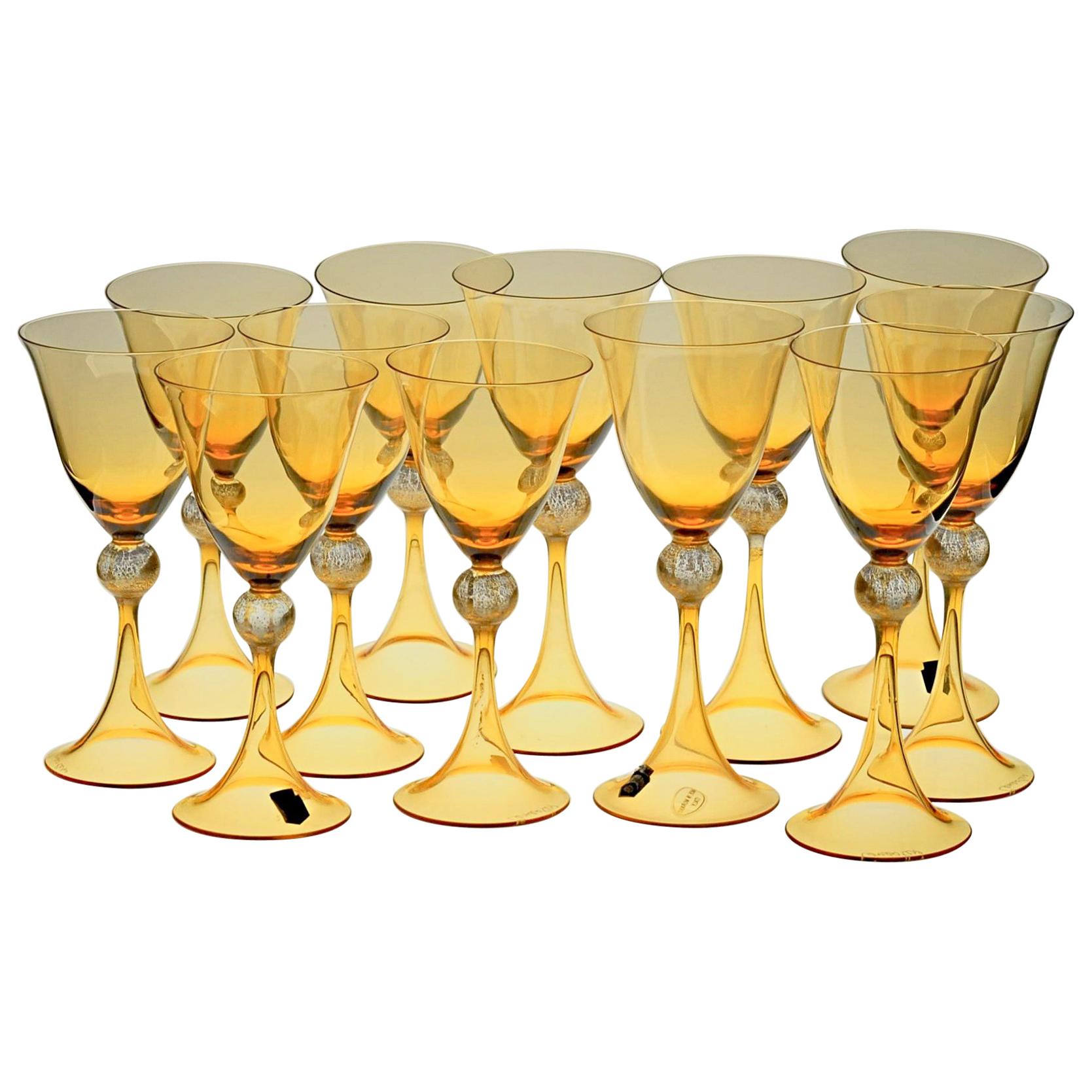 Cenedese 12 Stemmed Glasses 6 Wine 6 Water Murano Amber Gold Leaf, Signed Label