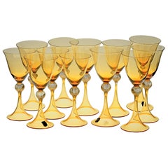 Vintage Cenedese 12 Stemmed Glasses 6 Wine 6 Water Murano Amber Gold Leaf, Signed Label