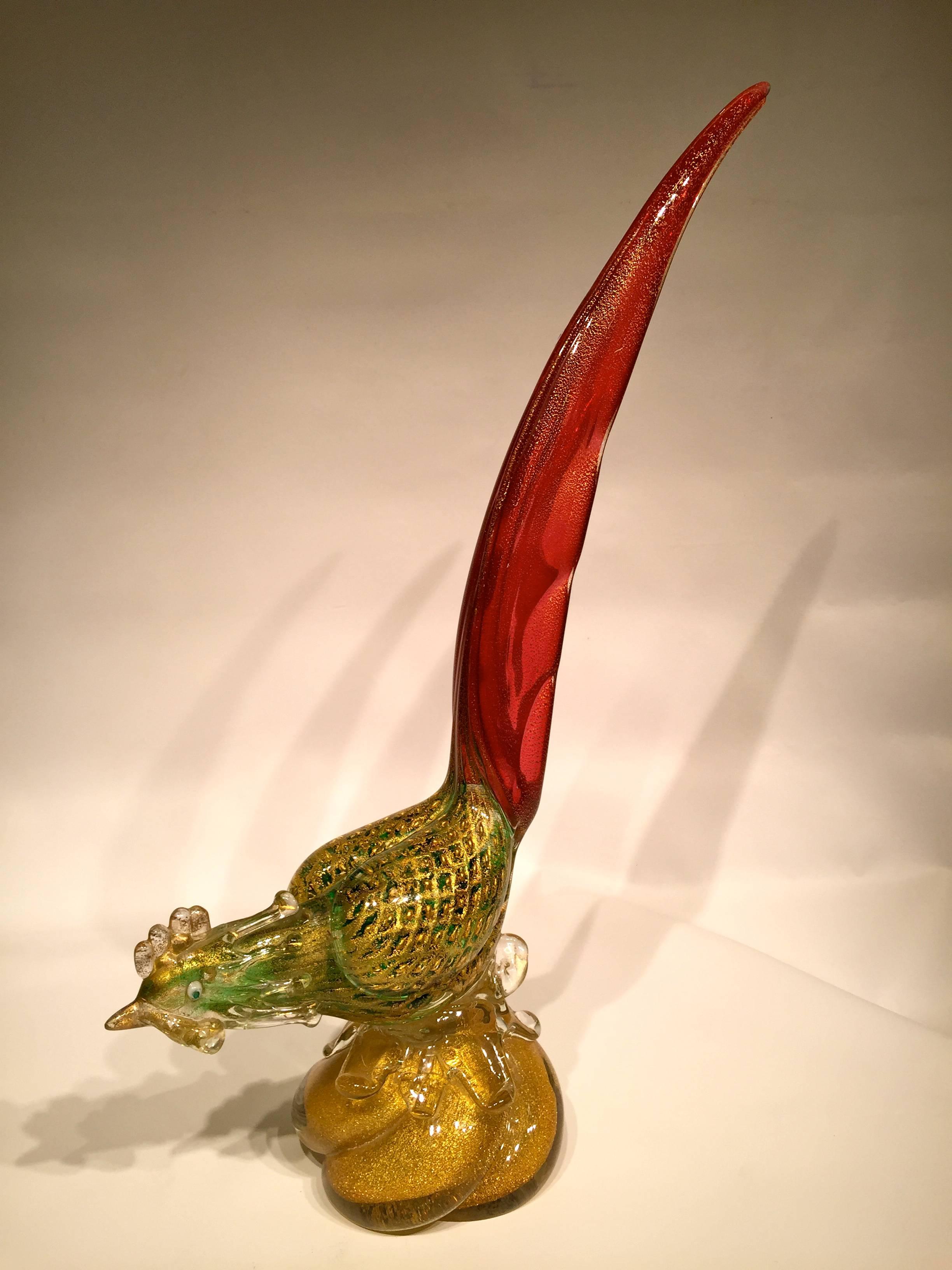 Cenedese 1950 multi-color cock in Murano glass with gold leaf.