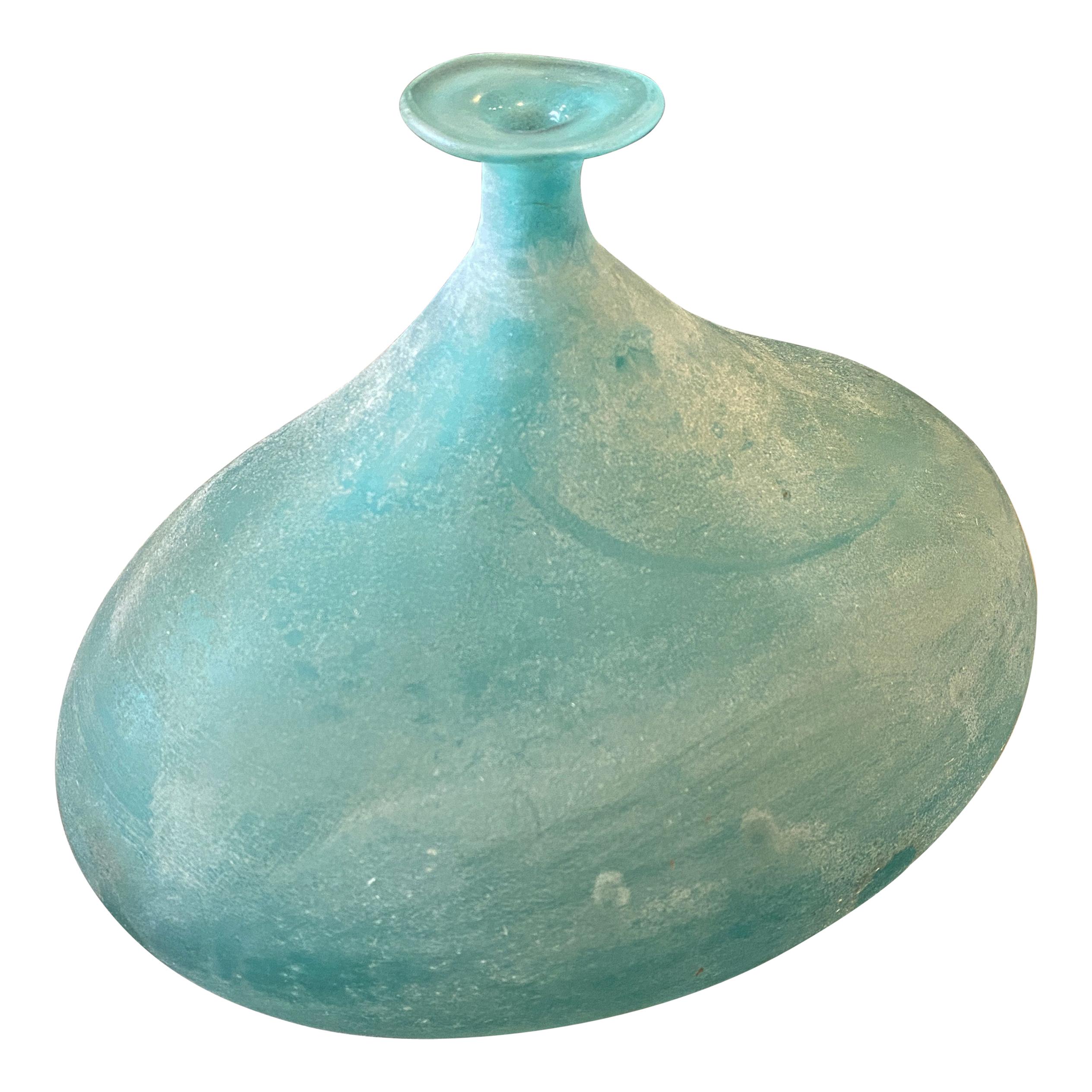 Cenedese 1960s Blue Ocean Scavo Murano Glass Oval Vase