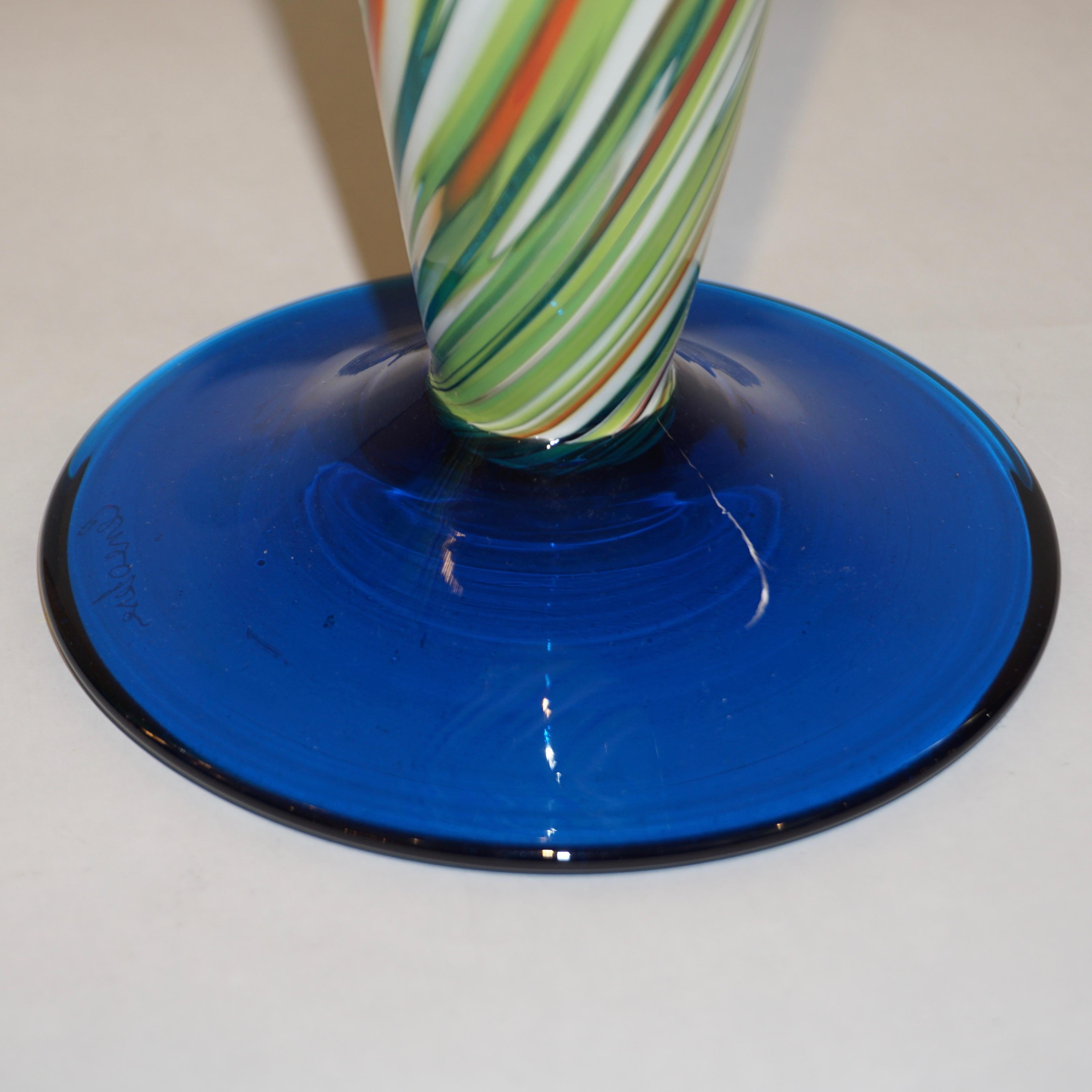 Italian Cenedese 1970 Pair of White Green Orange Murano Glass Conical Vases on Blue Base For Sale