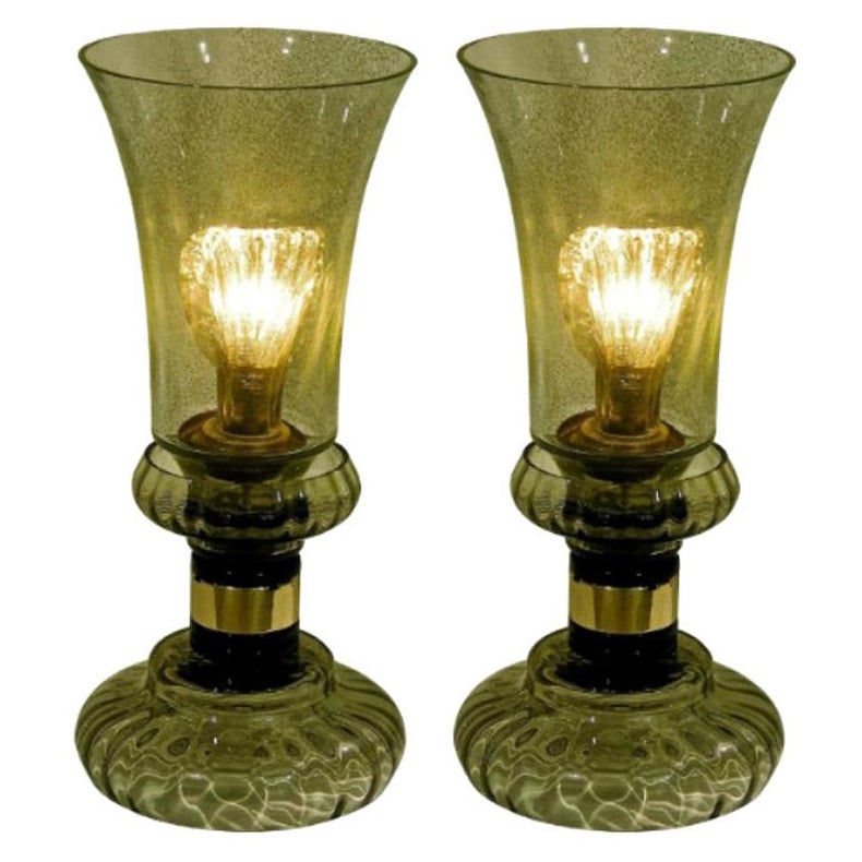 Cenedese 1970s Rare Vintage Pair of Smoked Green Murano Glass Lamps