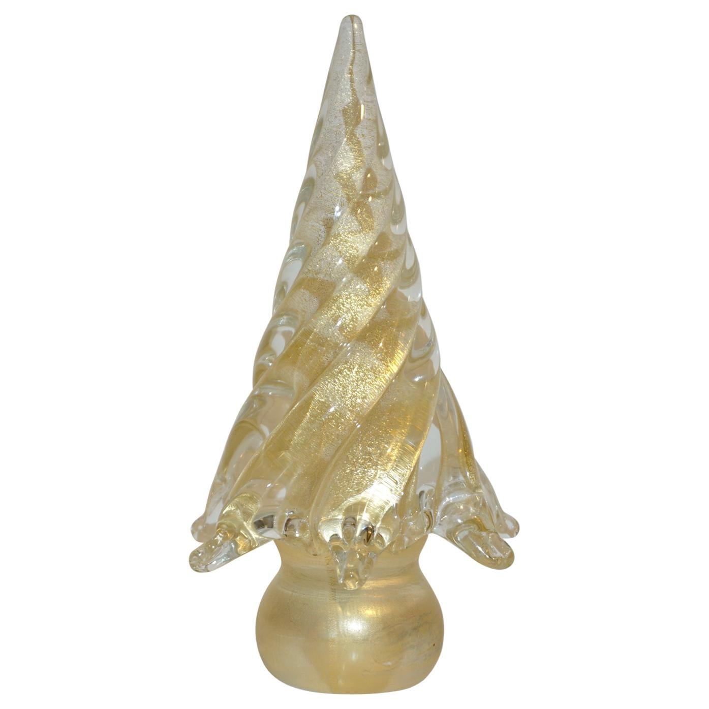 Cenedese 1980, scultura moderna italiana in vetro di Murano ritorto con polvere d'oro a 24 carati