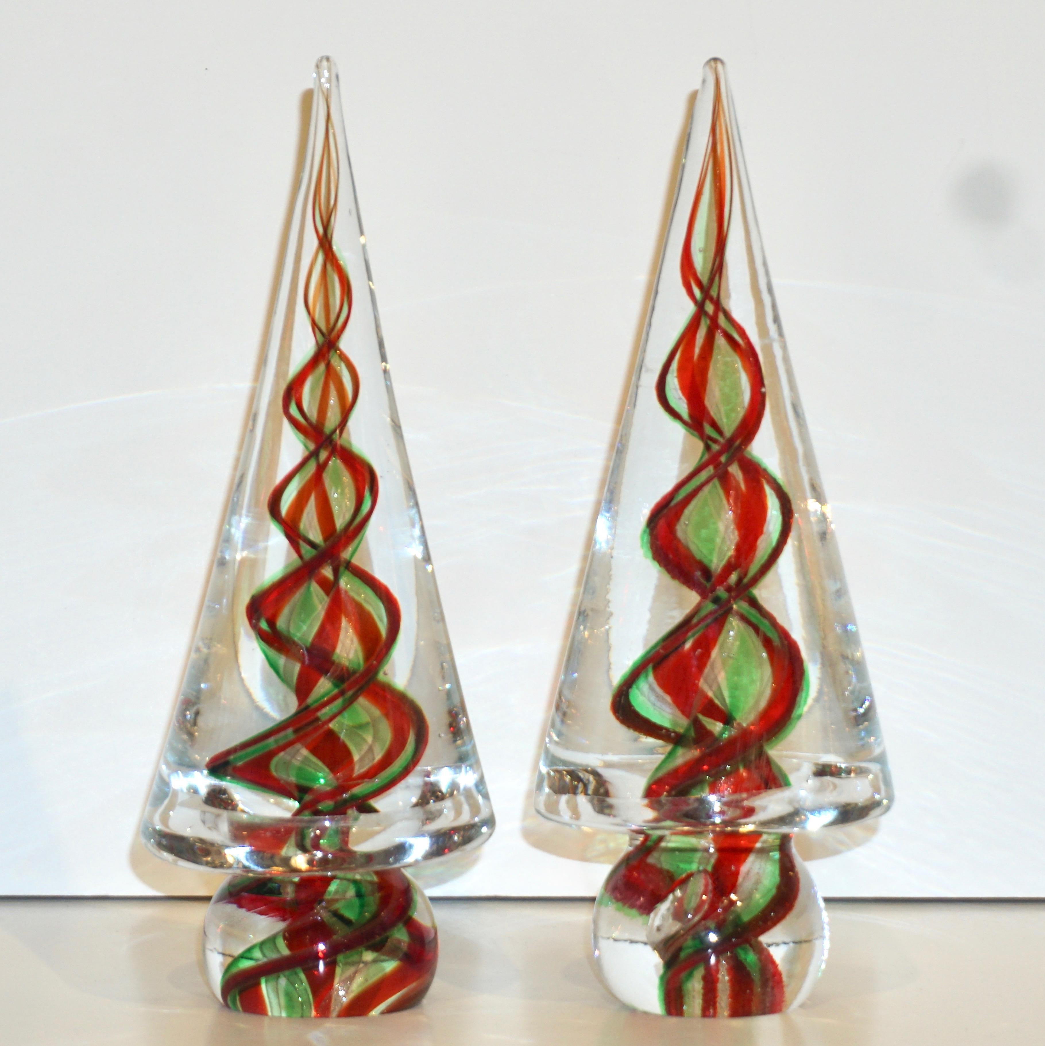 A pair is available, Venetian Christmas tree sculpture of organic sleek Minimalist cone design, in handcrafted mouth-blown Murano glass, part of a vintage collection assembled by Cosulich Interiors & Antiques signed by Cenedese. Worked in Sommerso,