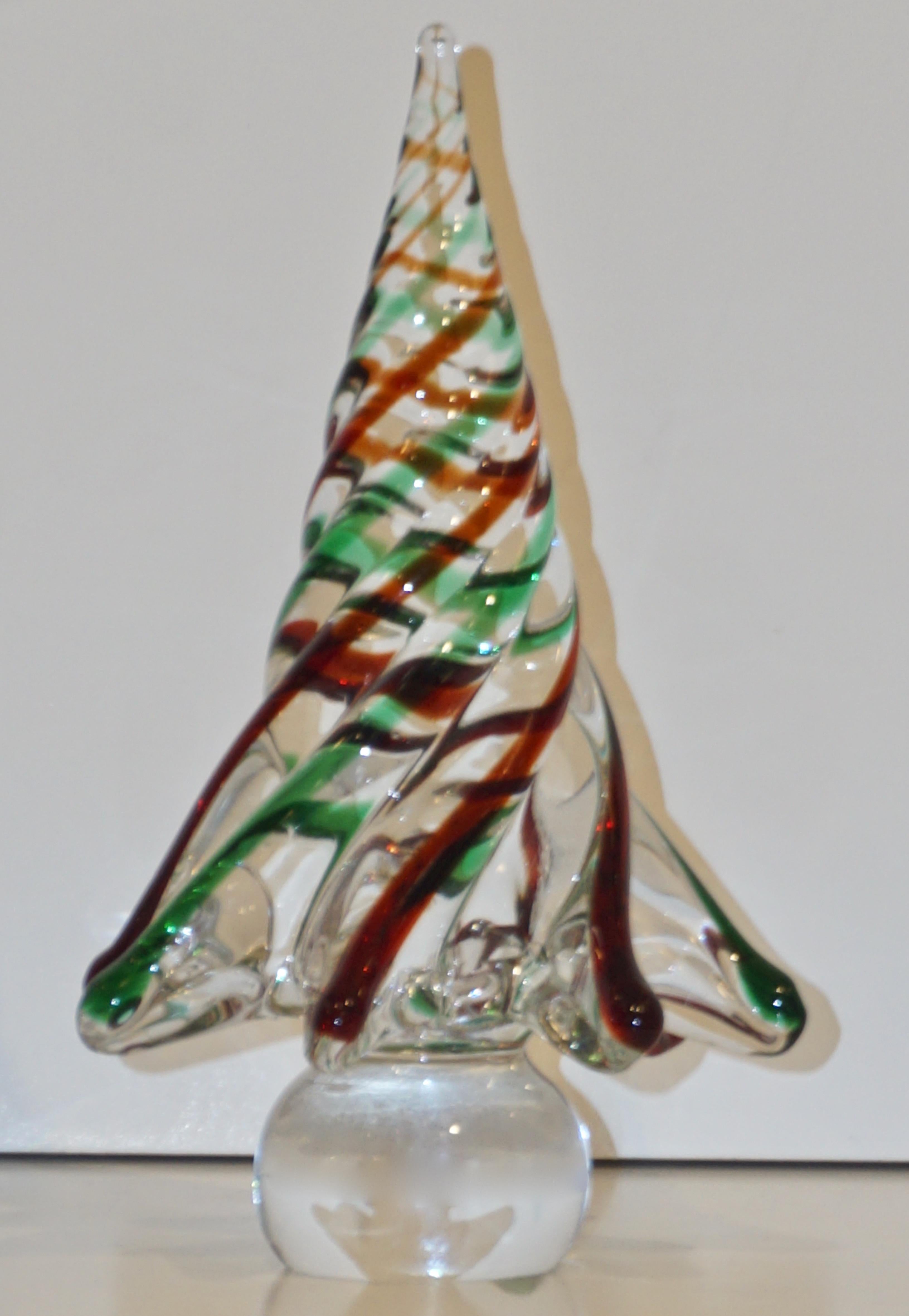 Hand-Crafted Cenedese 1980 Italian Modern Green Red Clear Twisted Murano Glass Tree Sculpture