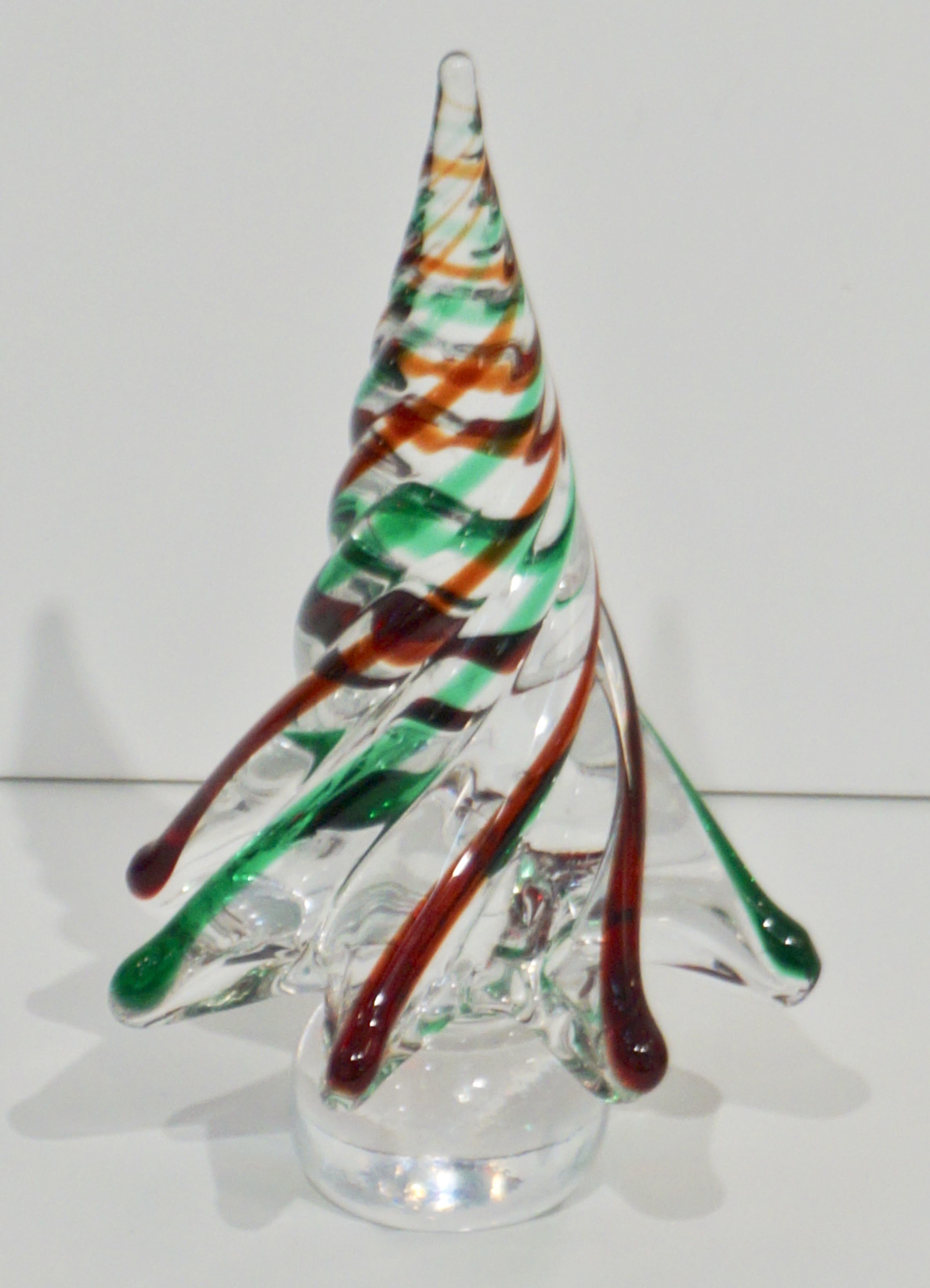 Cenedese 1980 Italian Modern Green Red Clear Twisted Murano Glass Tree Sculpture In Excellent Condition In New York, NY