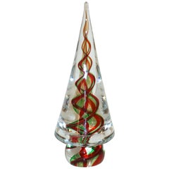 Cenedese 1980s Italian Modern Green Red Crystal Murano Glass Tree Sculpture