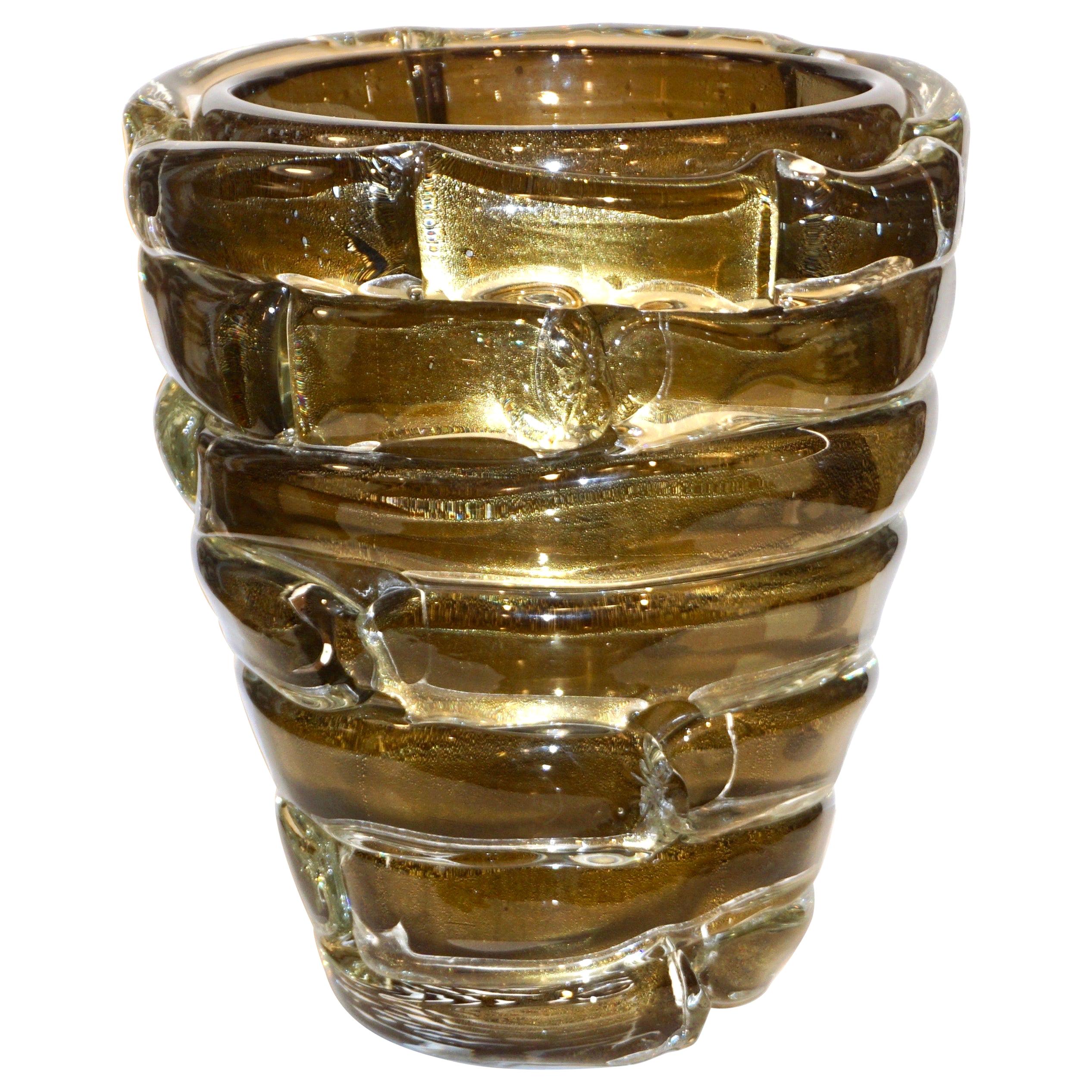 Cenedese 1980s Italian Modernist Crystal Murano Glass Gold Sculpture Vase