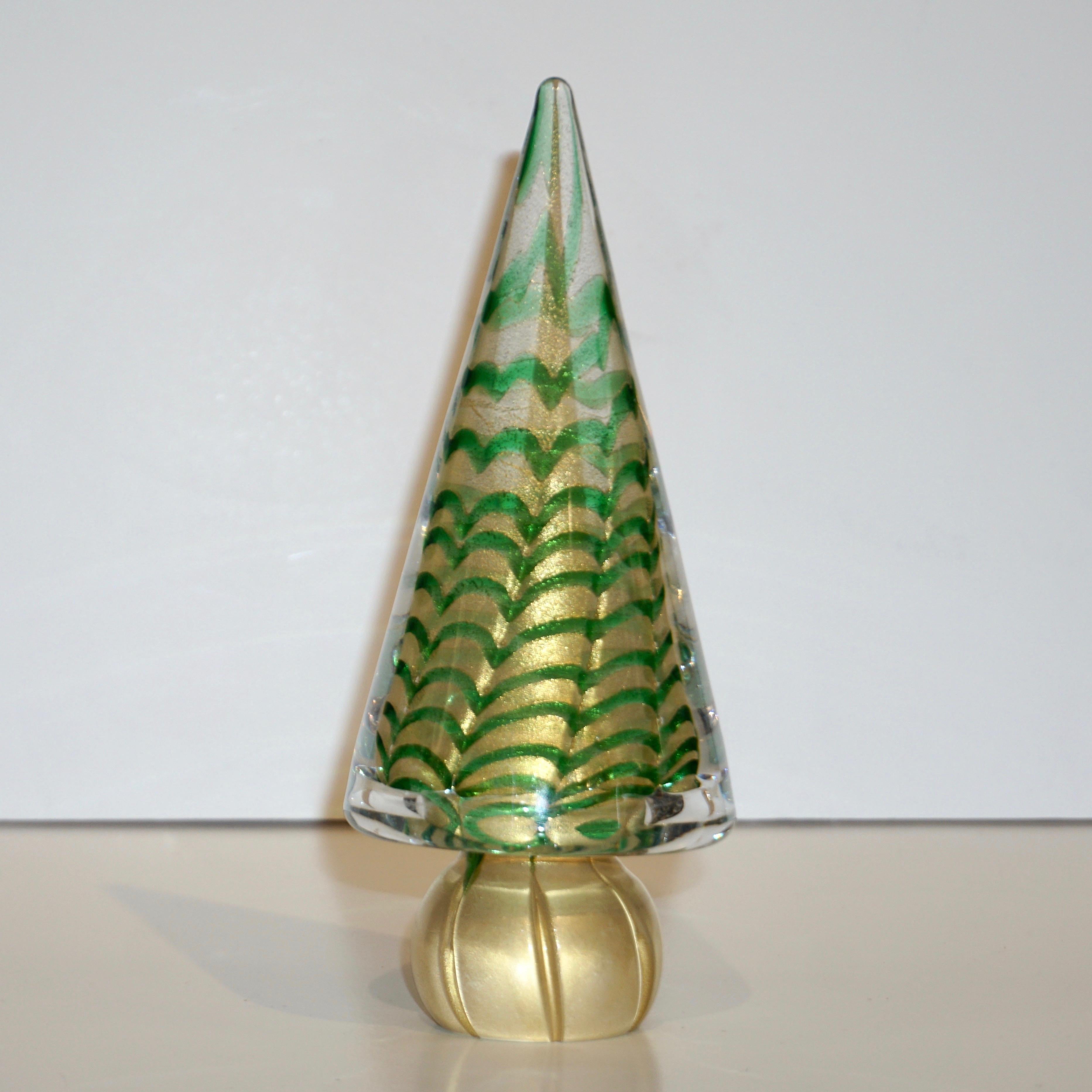 Cenedese 1980s Italian Vintage Green and Gold Murano Glass Tree Sculpture 7