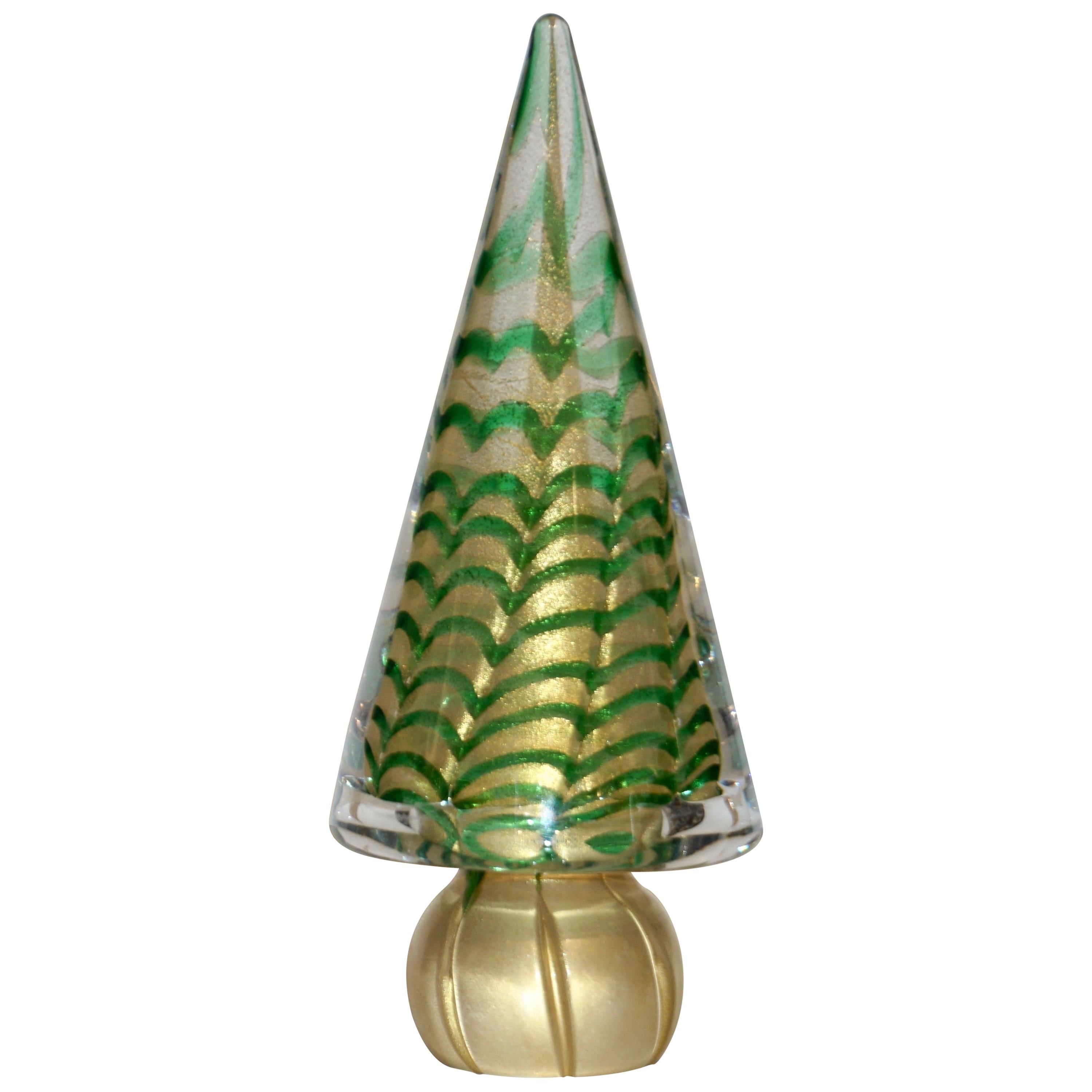 Cenedese 1980s Italian Vintage Green and Gold Murano Glass Tree Sculpture