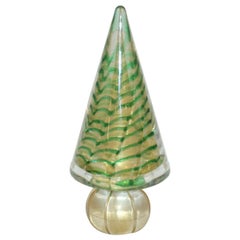 Cenedese 1980s Italian Vintage Green and Gold Murano Glass Tree Sculpture