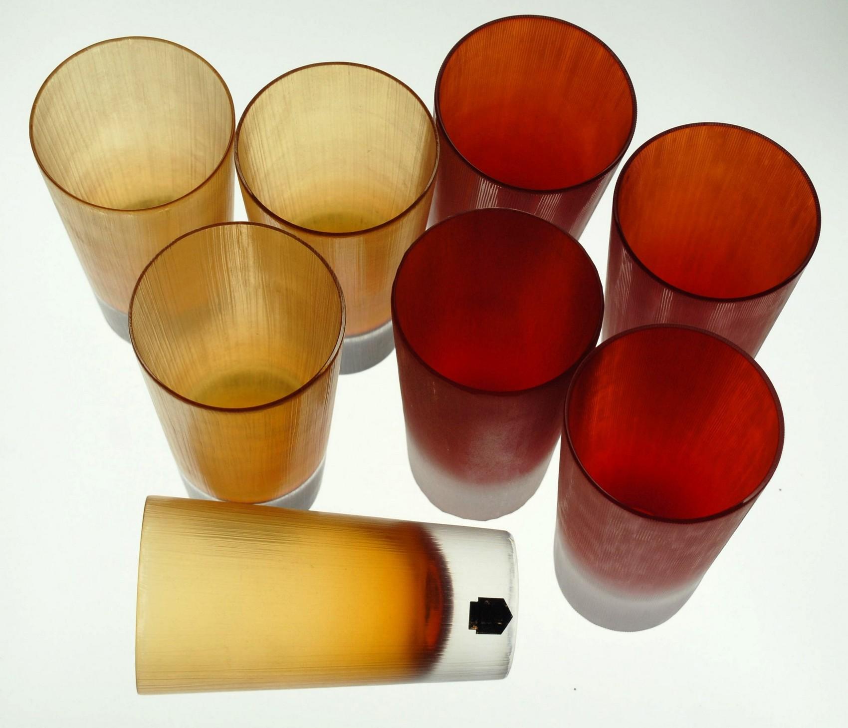 8 gobelets rouges ou ambrés Cenedese, Incisi Velati verre de Murano Sommerso épais en vente 4