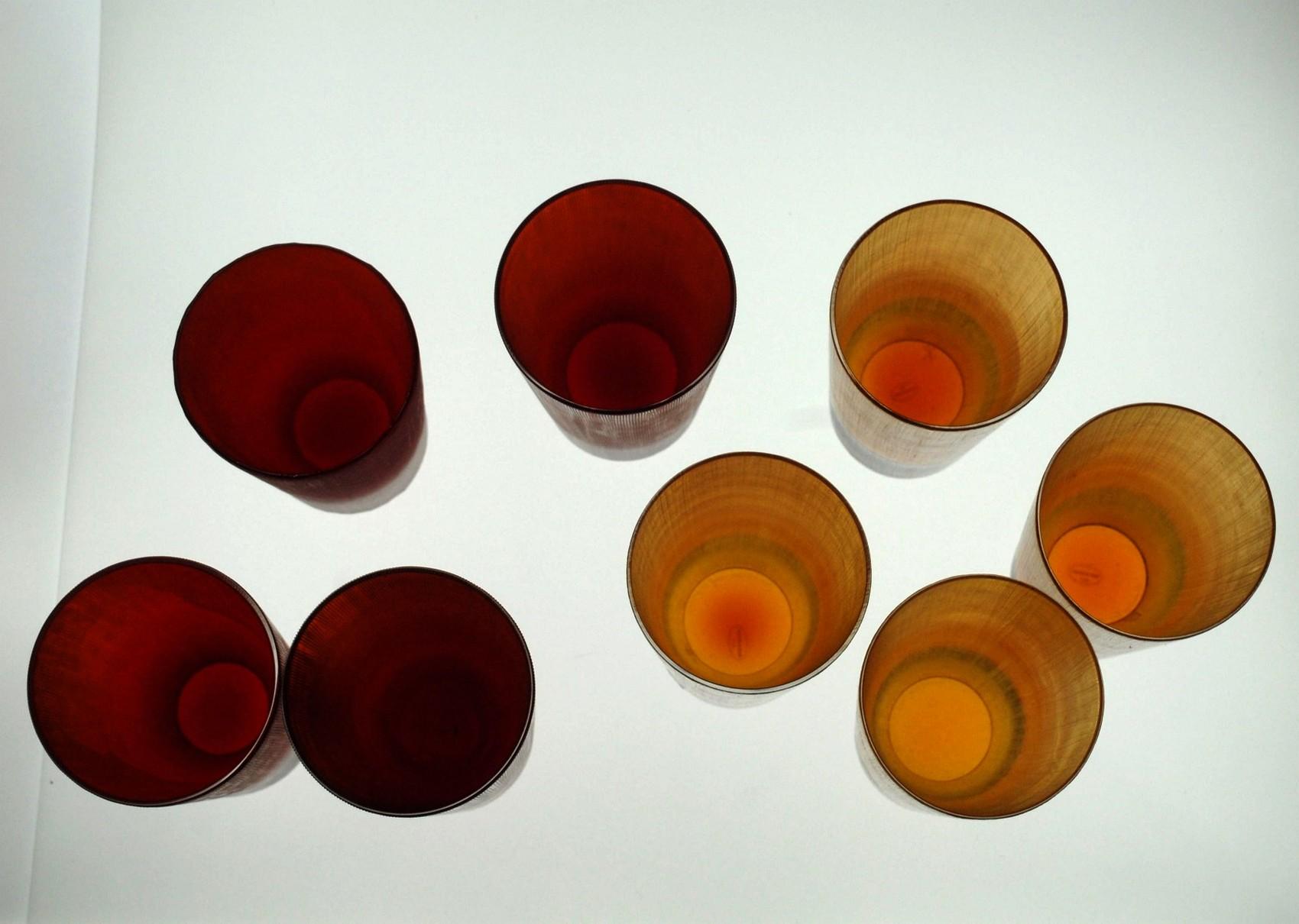 Cenedese, 8 Tumblers Red or Amber, Incisi Velati Heavy Sommerso Murano Glass For Sale 6