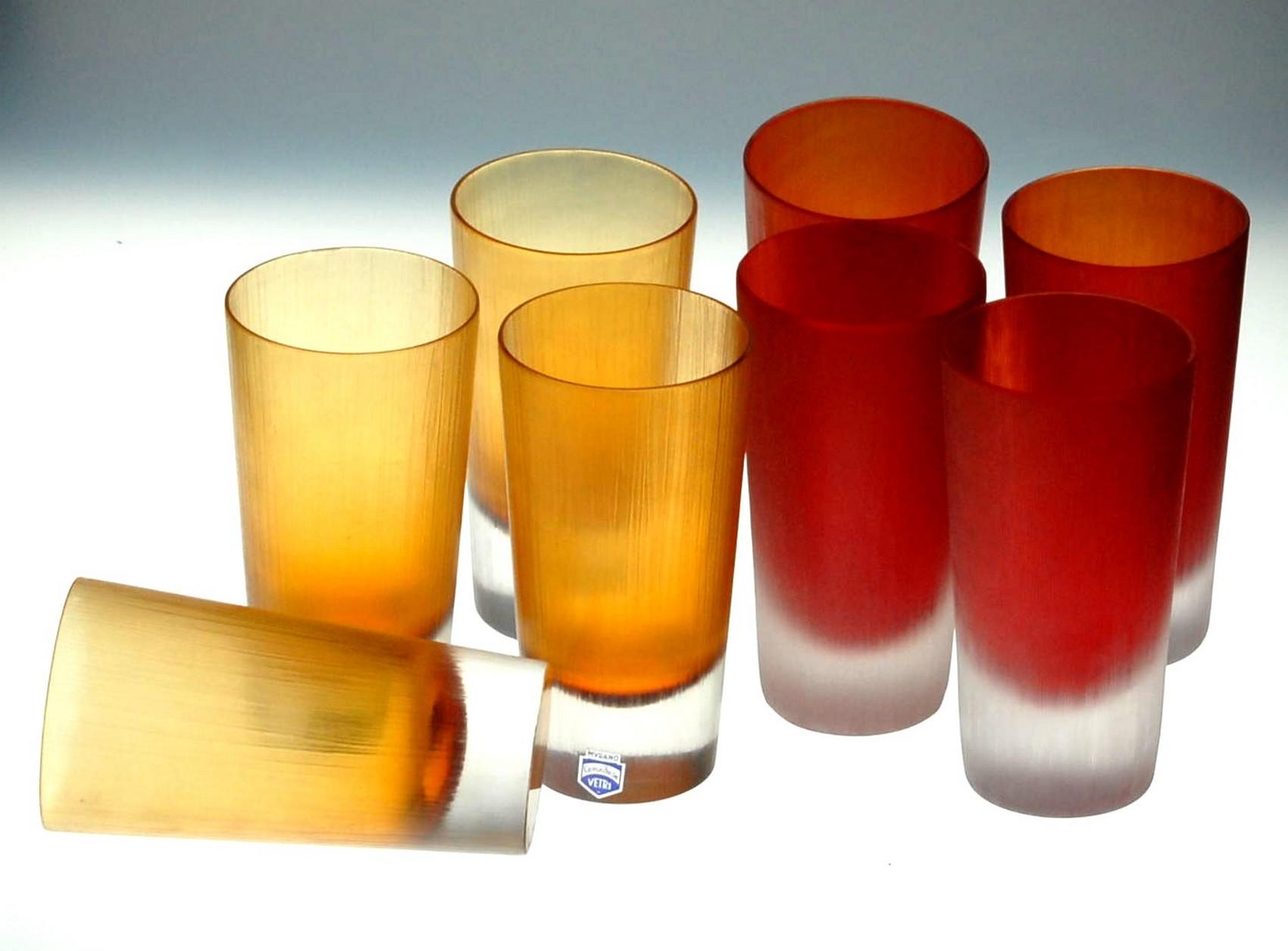italien 8 gobelets rouges ou ambrés Cenedese, Incisi Velati verre de Murano Sommerso épais en vente