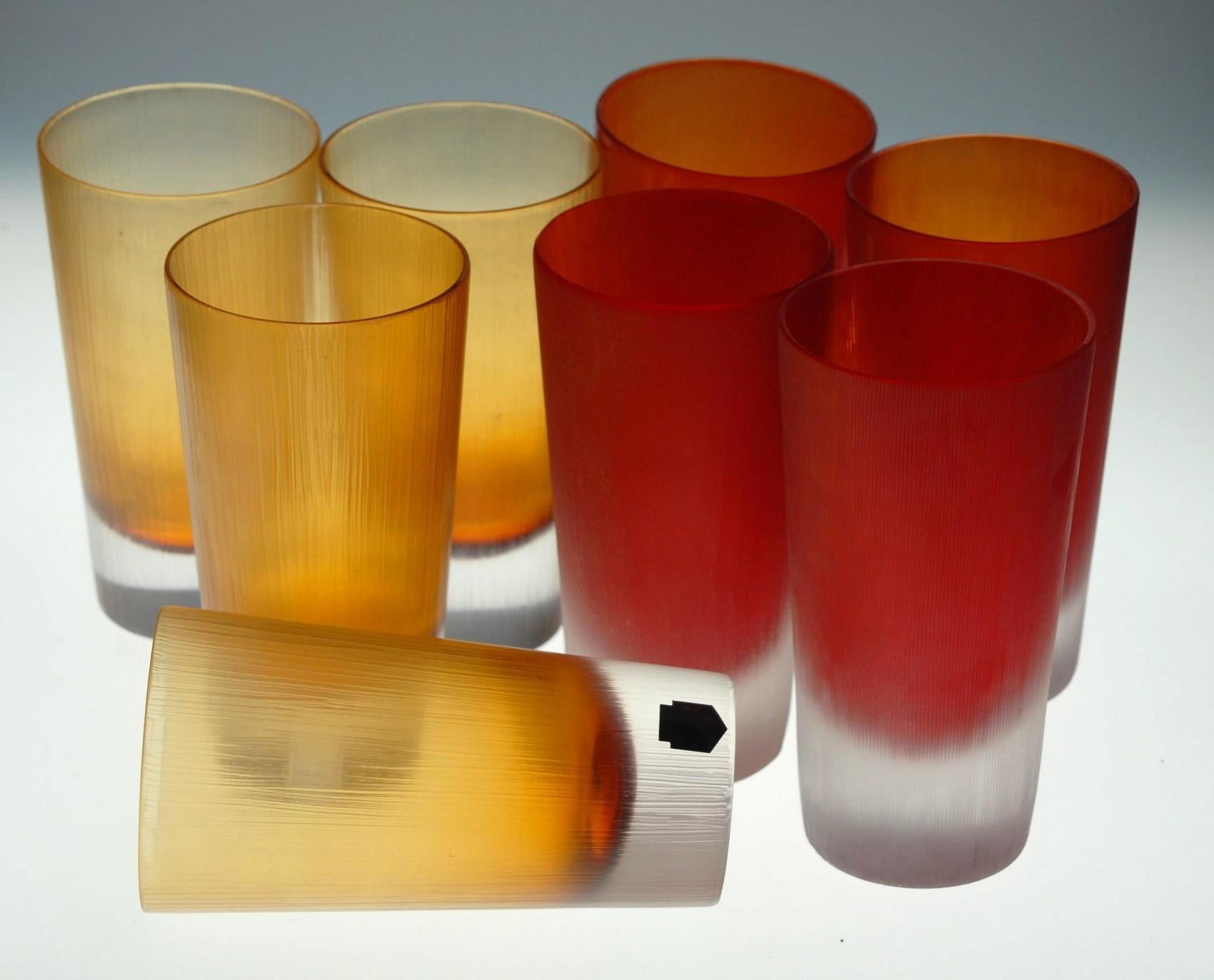 20th Century Cenedese, 8 Tumblers Red or Amber, Incisi Velati Heavy Sommerso Murano Glass For Sale