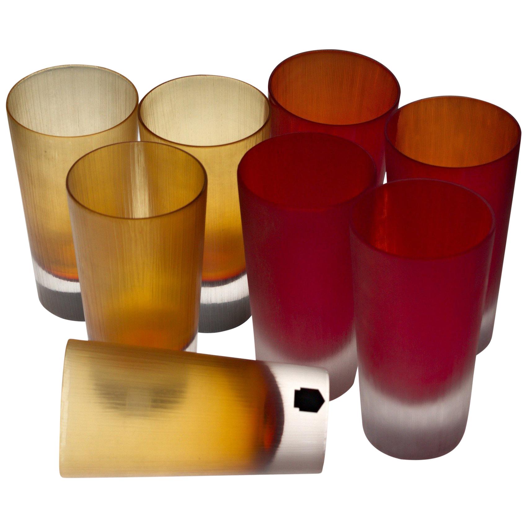 Cenedese, 8 Tumblers Red or Amber, Incisi Velati Heavy Sommerso Murano Glass