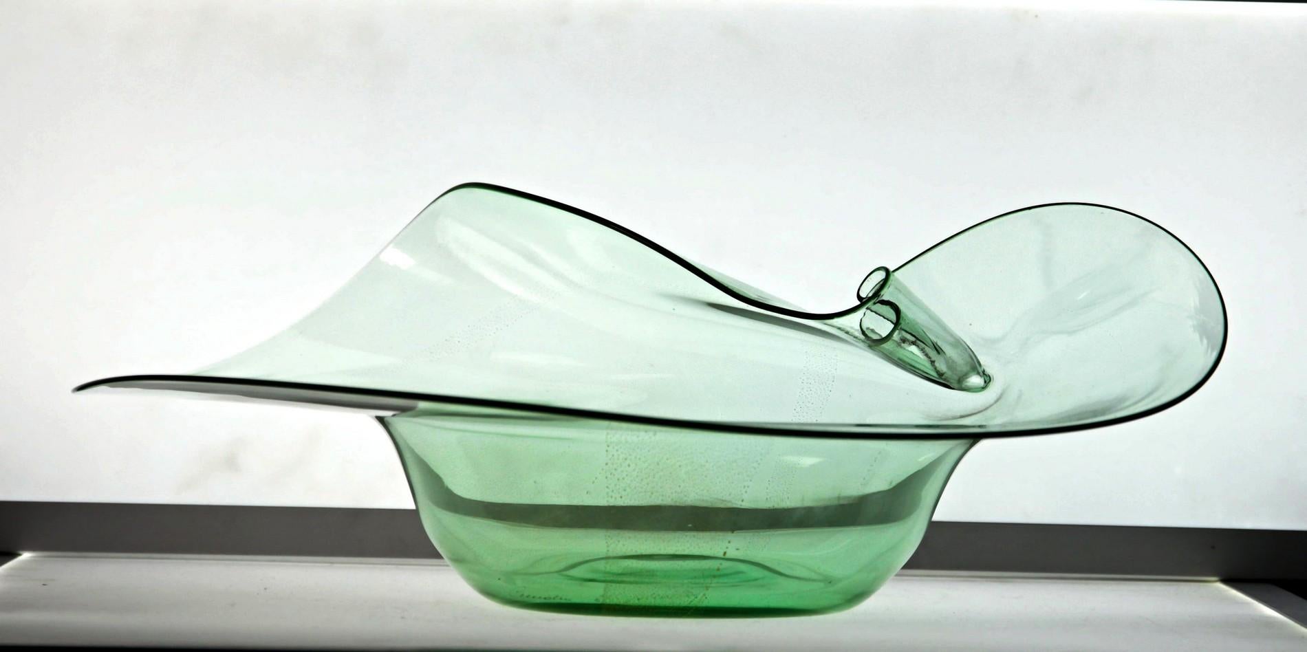 Mid-Century Modern Cenedese Albarelli, Green and Gold Sculptural Centerpiece, Murano Glass, Signed