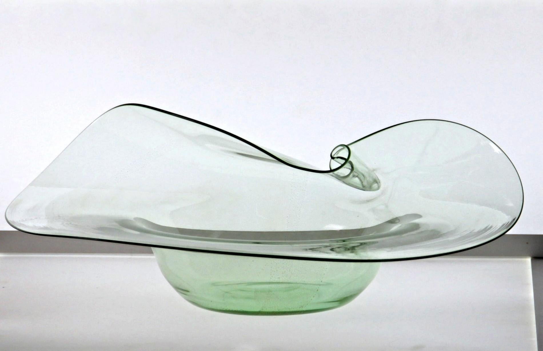 Art Glass Cenedese Albarelli, Green and Gold Sculptural Centerpiece, Murano Glass, Signed