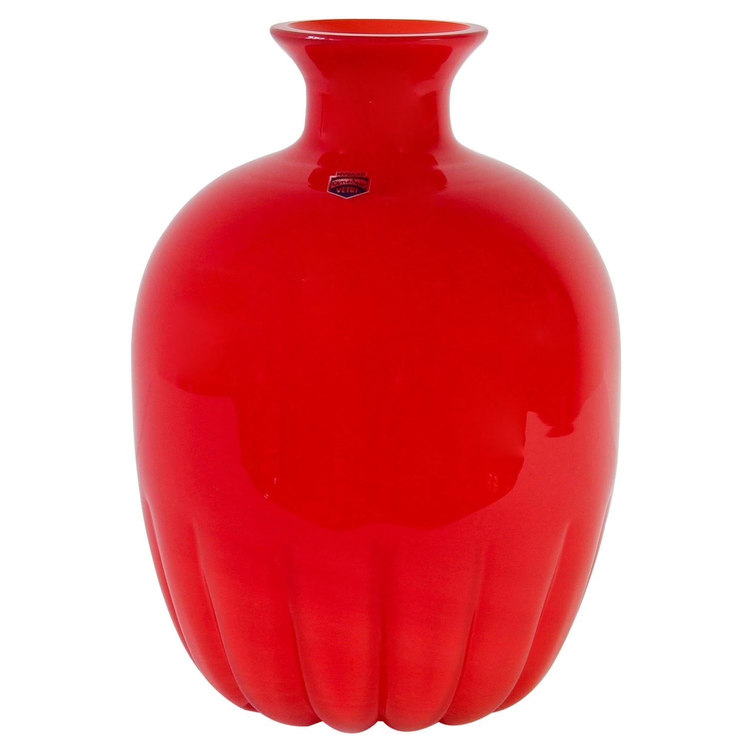 Cenedese Colorful Bright Red Vintage Round Italian Murano Glass Vase