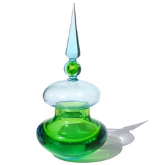Cenedese Da Ros Murano Sommerso Green Blue Italian Art Glass Spike Top Container