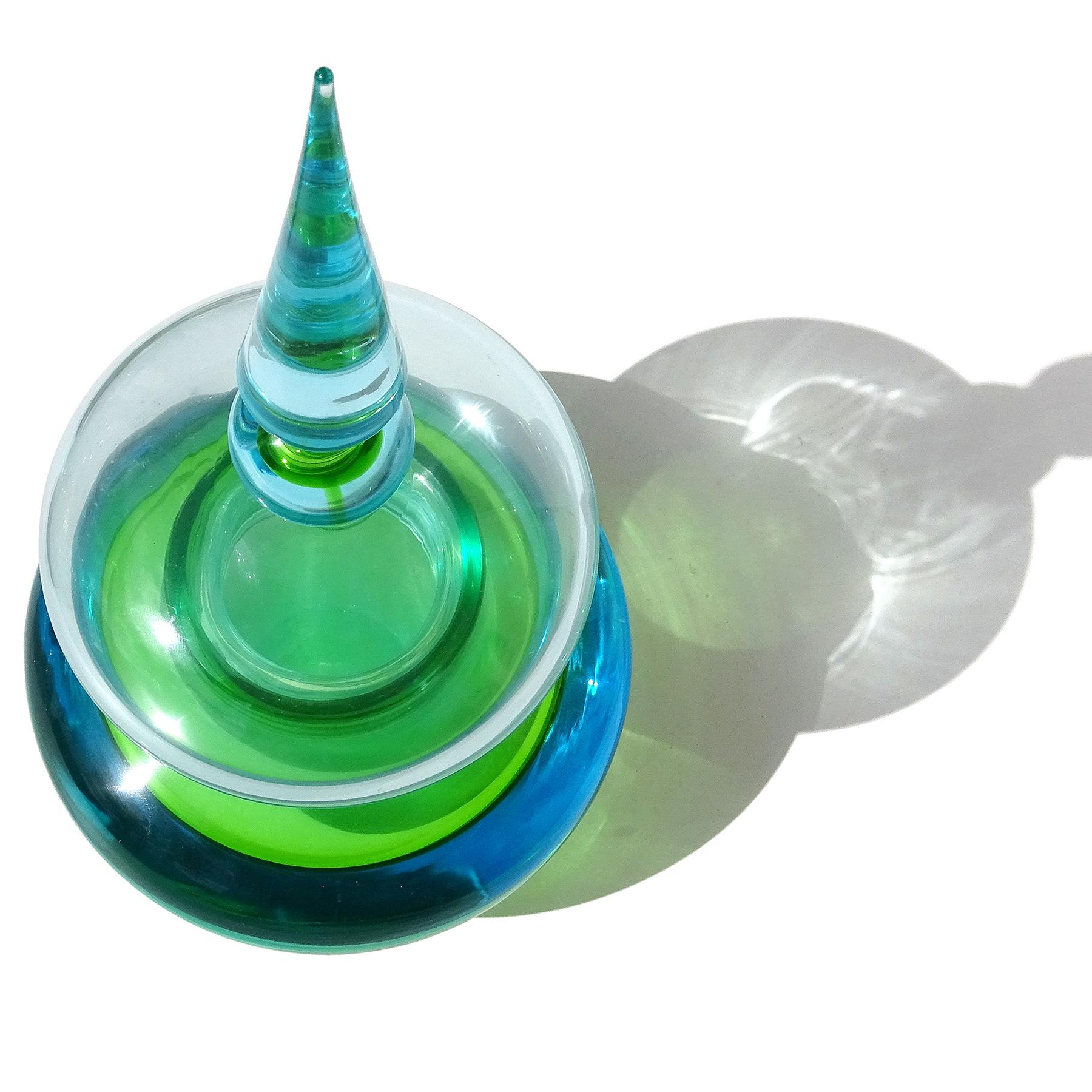 Hand-Crafted Cenedese Da Ros Murano Sommerso Green Blue Italian Art Glass Spike Top Container For Sale