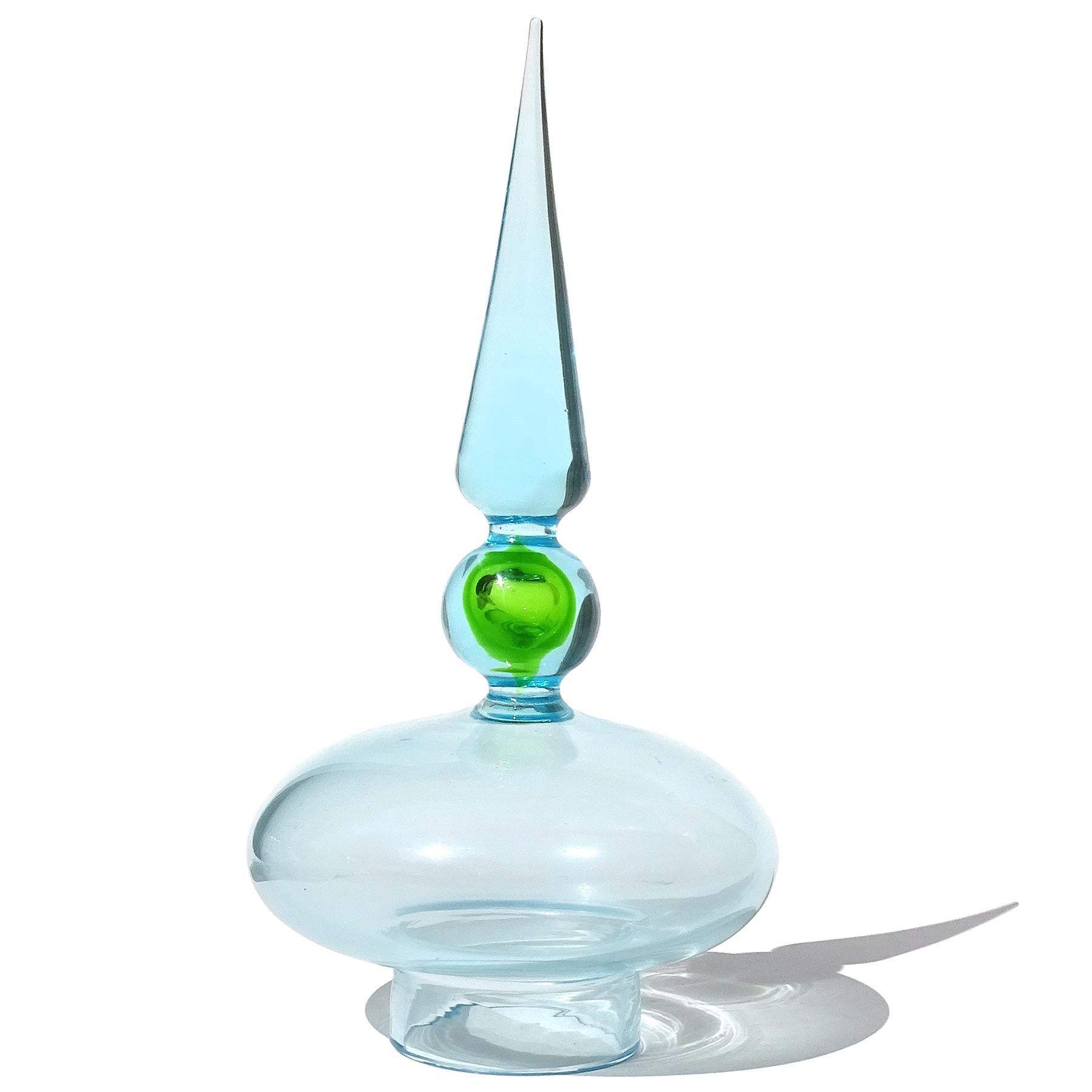 Cenedese Da Ros Murano Sommerso Green Blue Italian Art Glass Spike Top Container In Good Condition For Sale In Kissimmee, FL