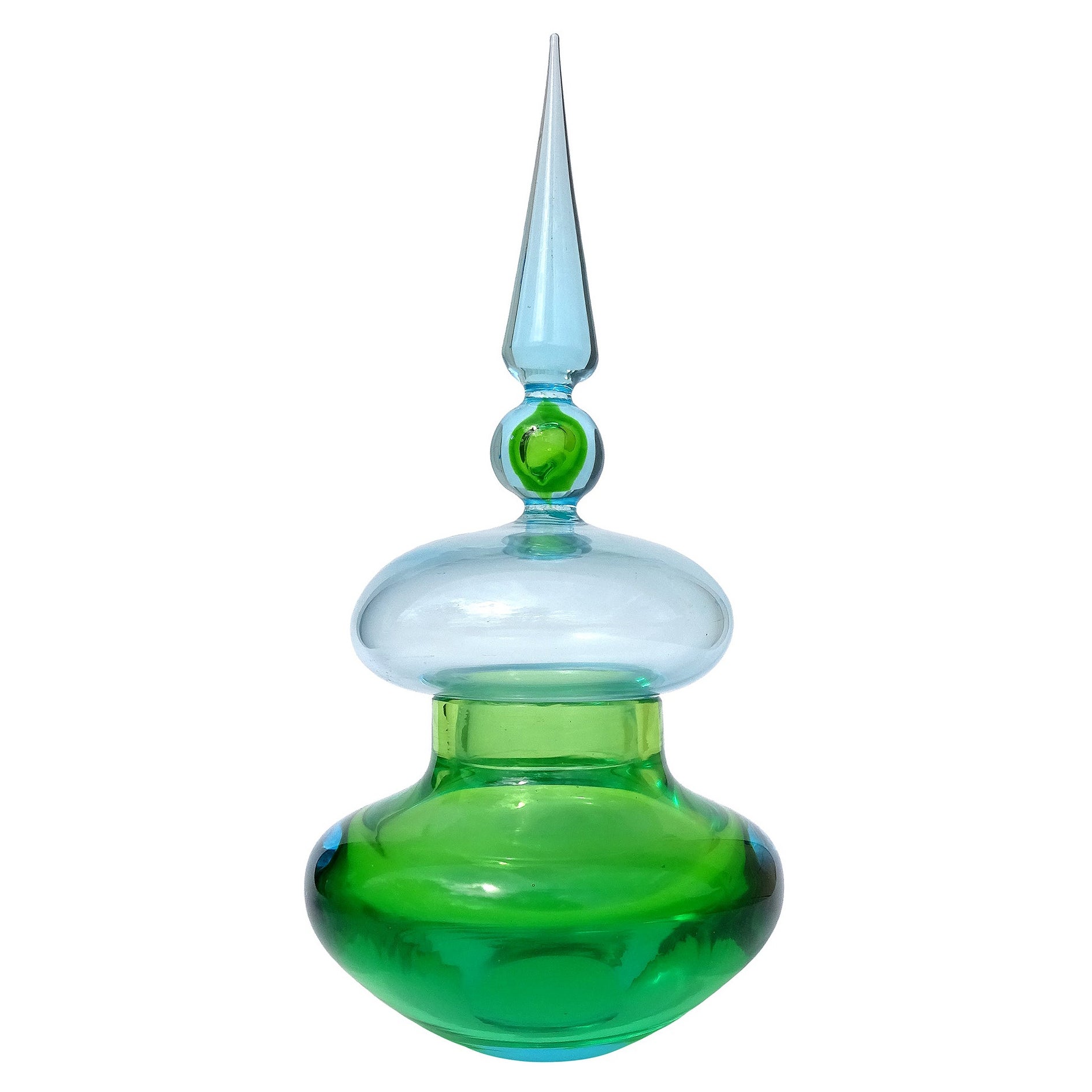 Cenedese Da Ros Murano Sommerso Green Blue Italian Art Glass Spike Top Container in vendita
