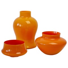Cenedese Ensemble / Trio of Bright Orange Vintage Italian Murano Glass Vases