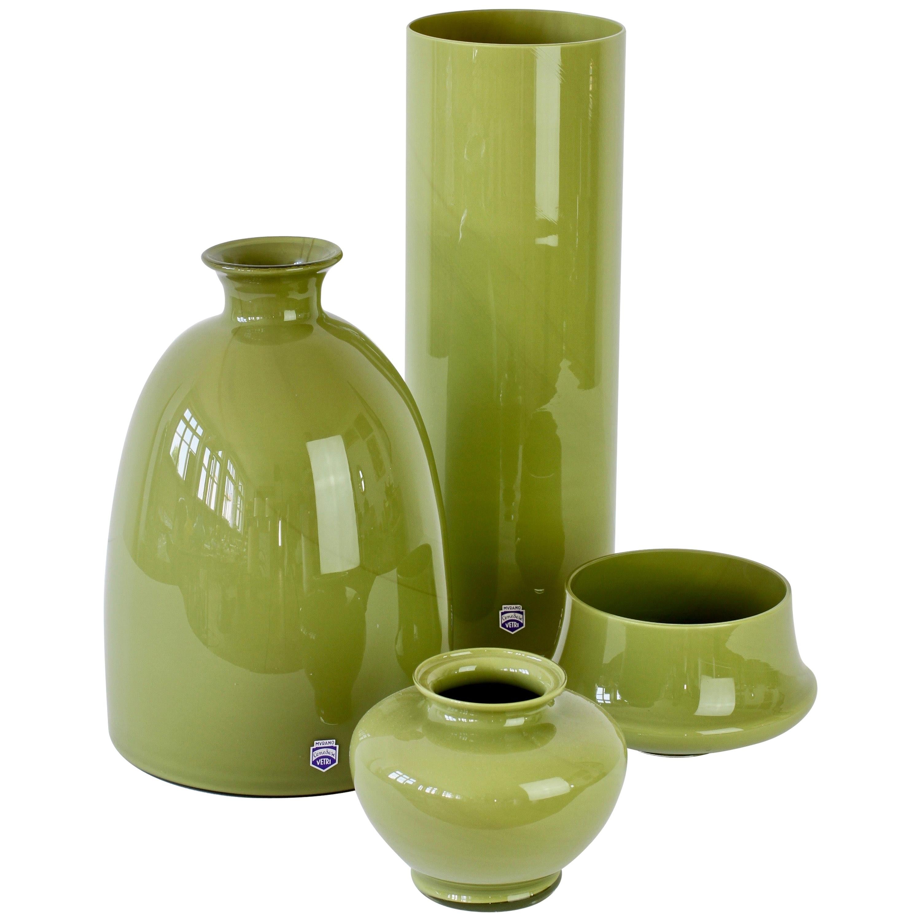 Cenedese Ensemble of Moss Green Vintage Midcentury Italian Murano Glass Vases