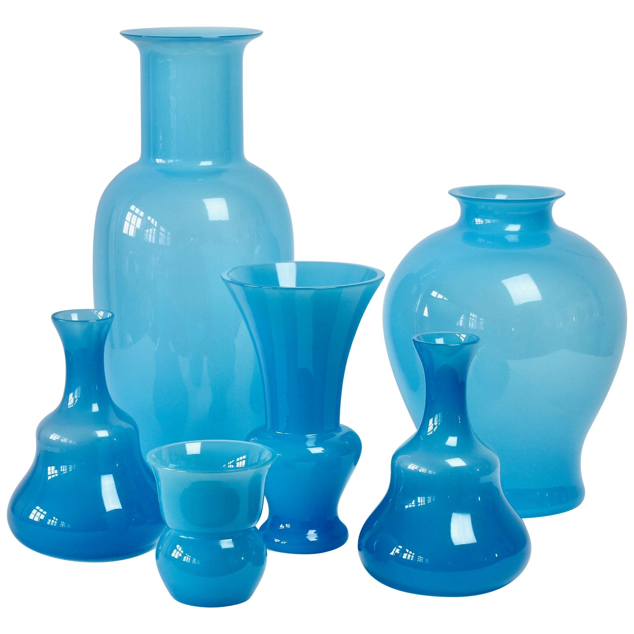 Cenedese Ensemble of Light Blue Vintage Italian Murano Art Glass Vases & Vessels