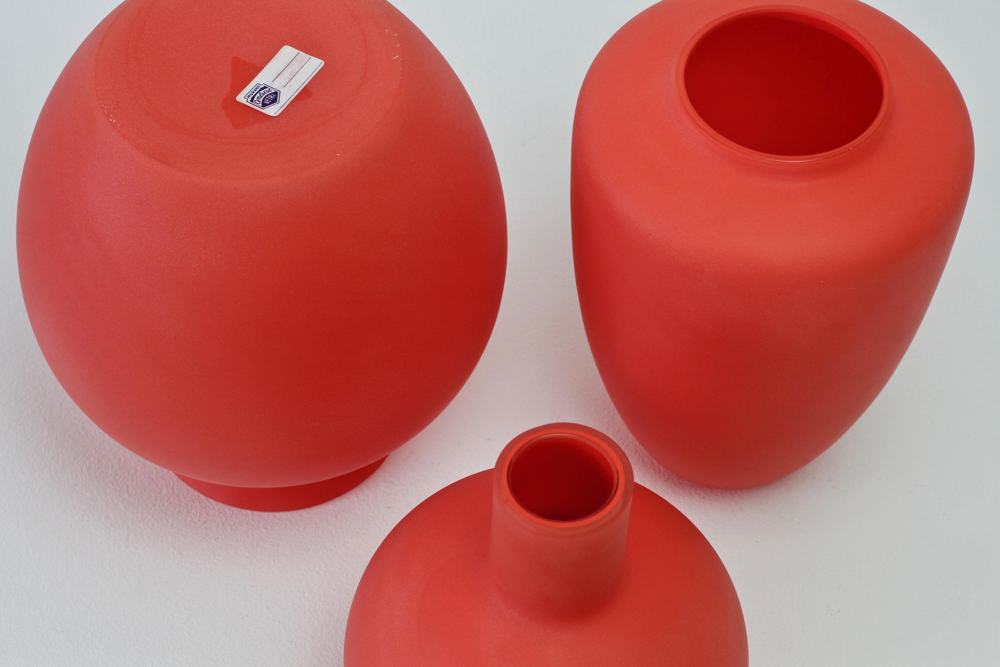 Mid-Century Modern Cenedese Rare Trio of Vintage Italian Red Satin Murano Art Glass Vases