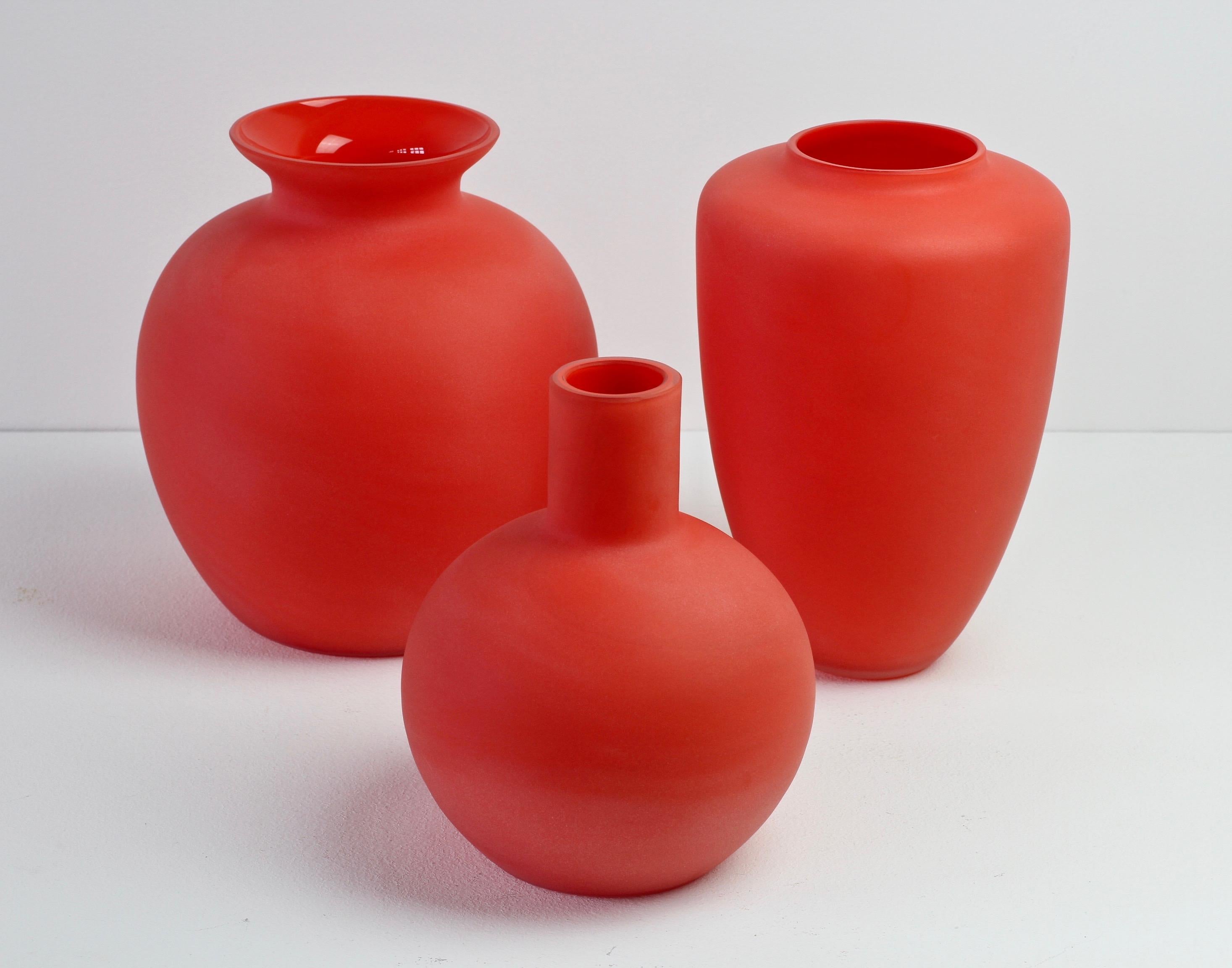20th Century Cenedese Rare Trio of Vintage Italian Red Satin Murano Art Glass Vases