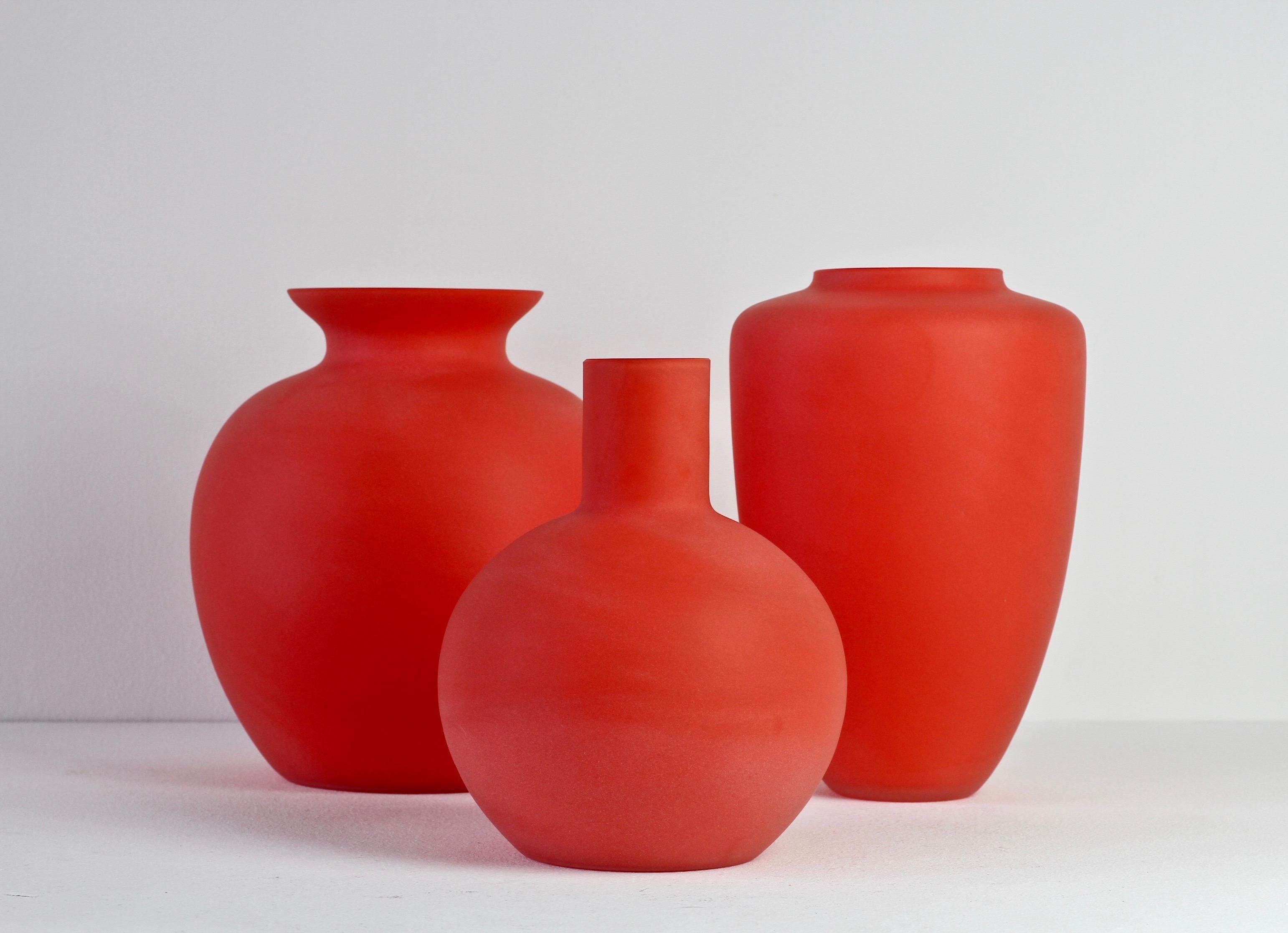 Cenedese Rare Trio of Vintage Italian Red Satin Murano Art Glass Vases 1