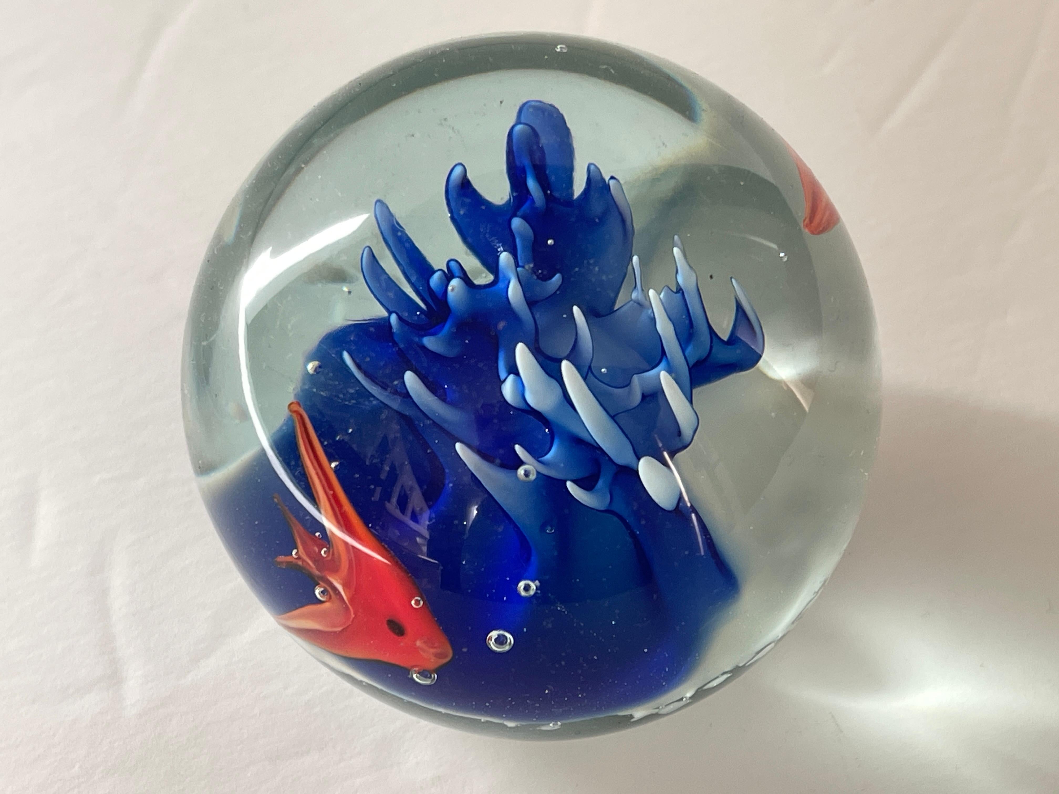  Cenedese Italian glass fish aquarium round paperweight. Hand blown in the Cenedese workshop, Murano, Italy, c. 1970's