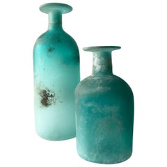 scavo glass vase Cenedese Italian Modern Aqua Scavo Glass Pair of Vases