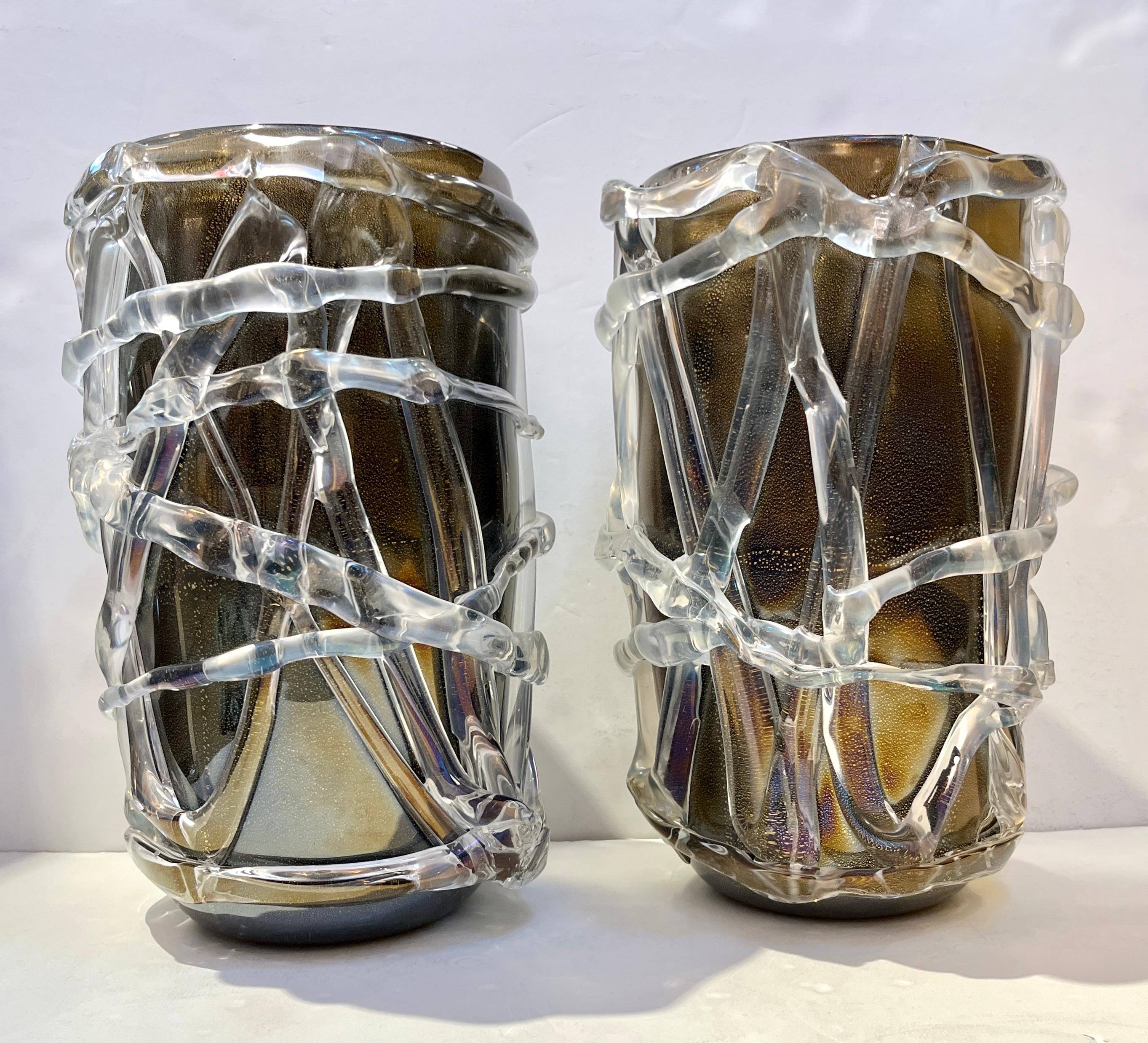 Cenedese Italian Modern Pair of Iridescent Black Gold Crystal Murano Glass Vases 3