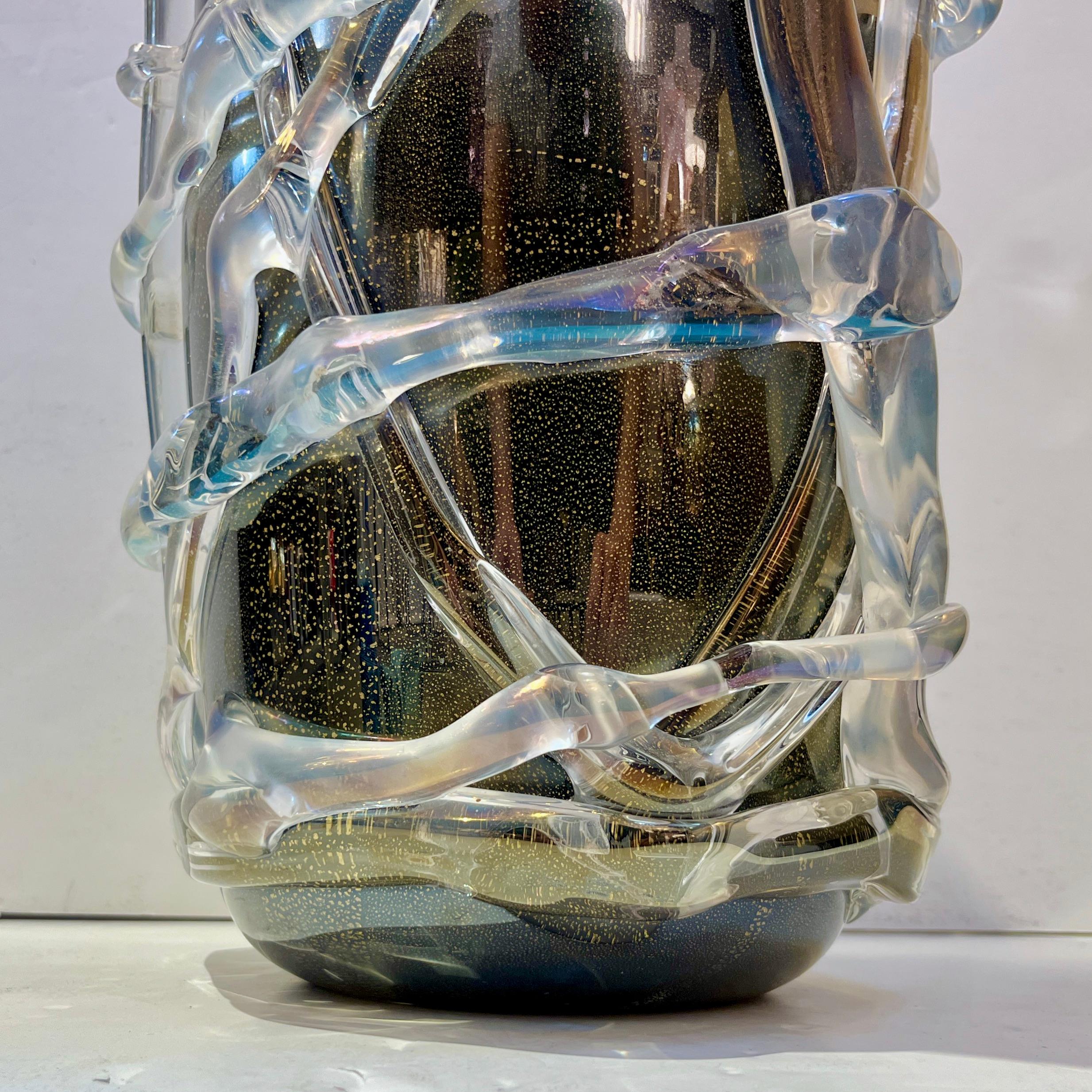 Cenedese Italian Modern Pair of Iridescent Black Gold Crystal Murano Glass Vases 4