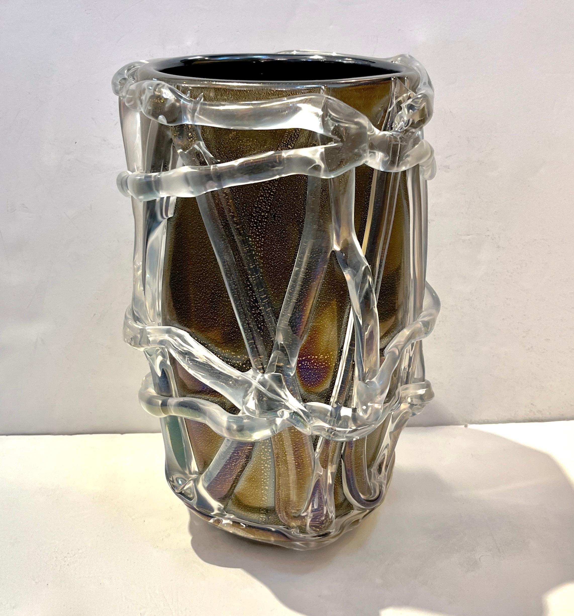 Cenedese Italian Modern Pair of Iridescent Black Gold Crystal Murano Glass Vases 7