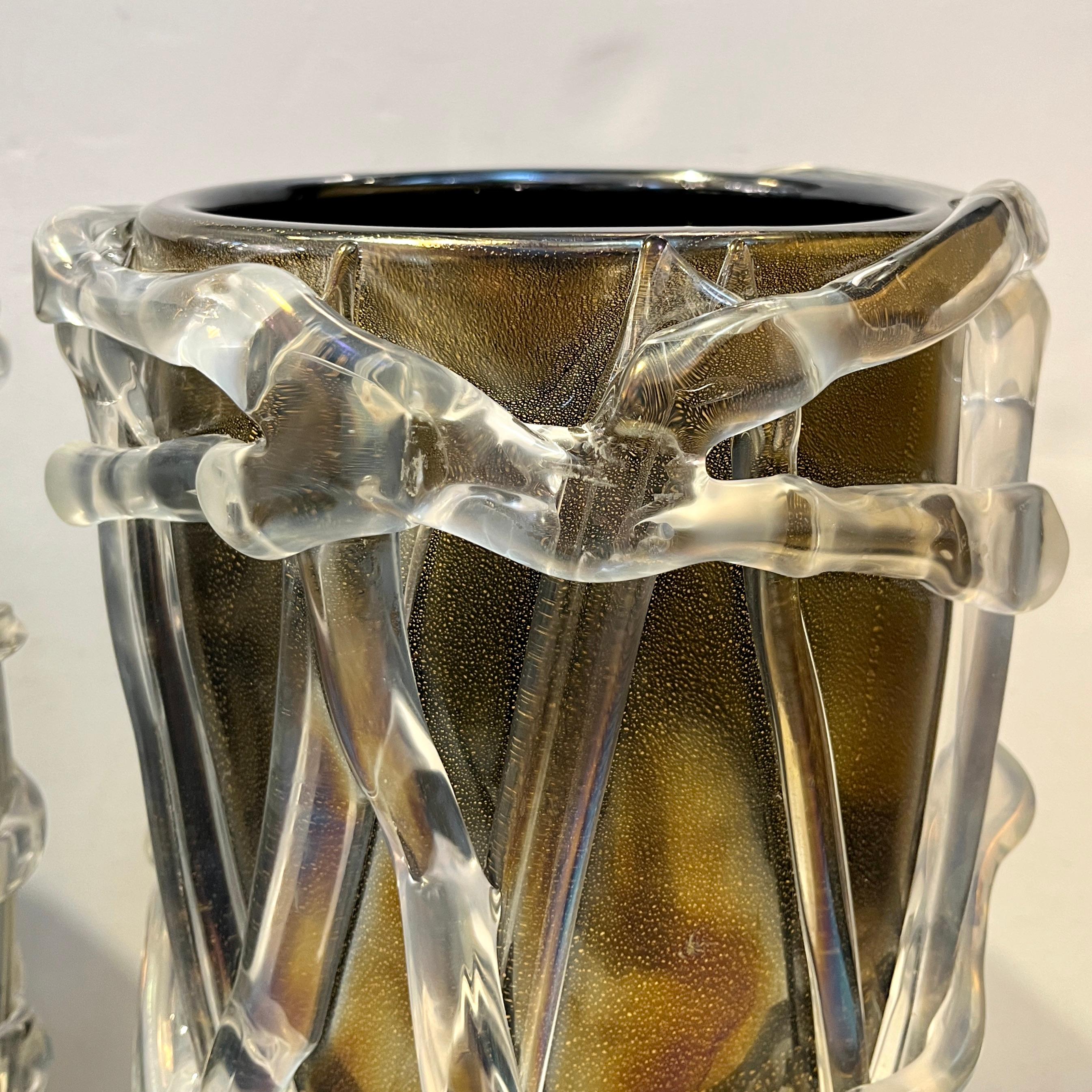Cenedese Italian Modern Pair of Iridescent Black Gold Crystal Murano Glass Vases 8