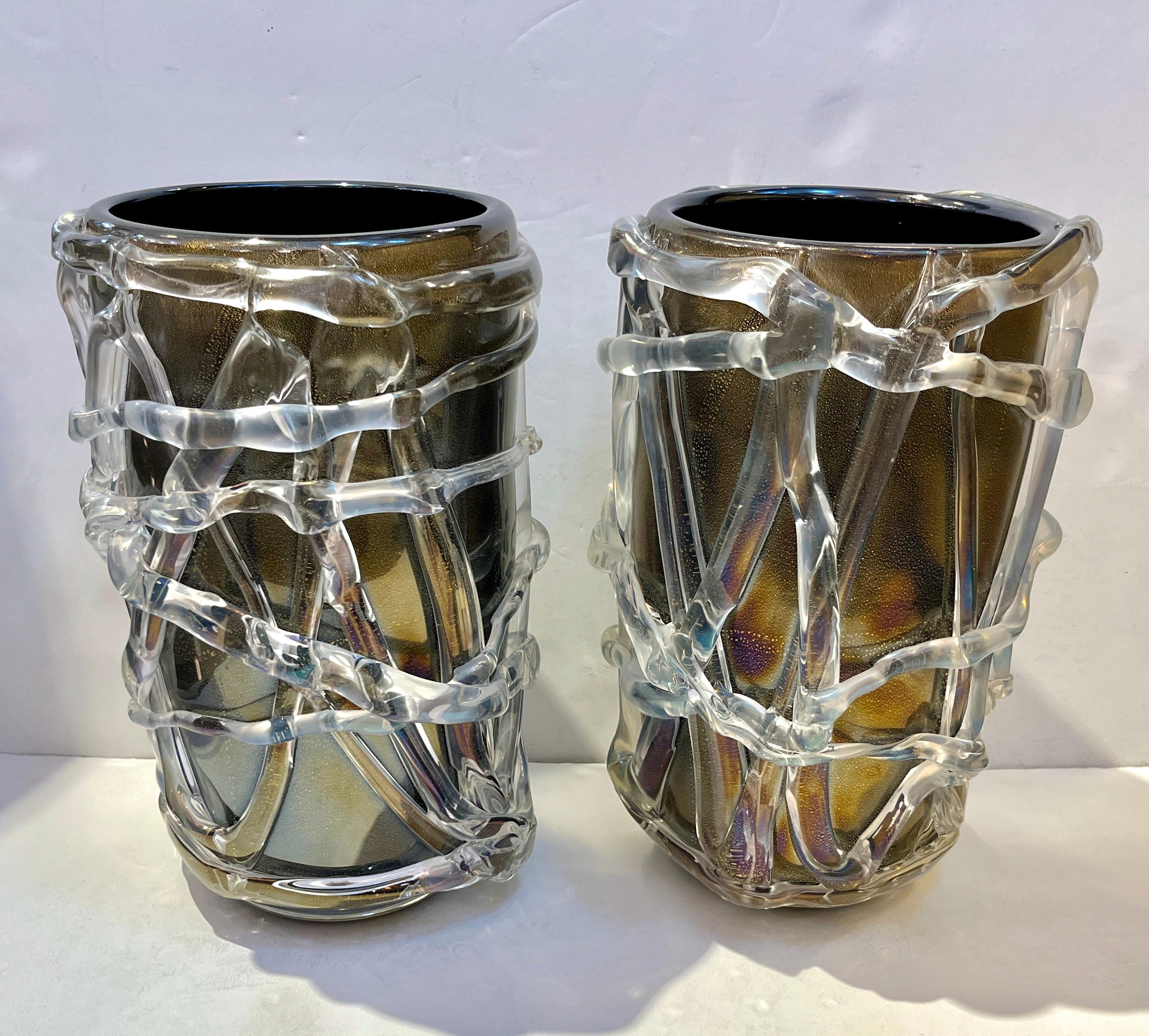 Cenedese Italian Modern Pair of Iridescent Black Gold Crystal Murano Glass Vases 10