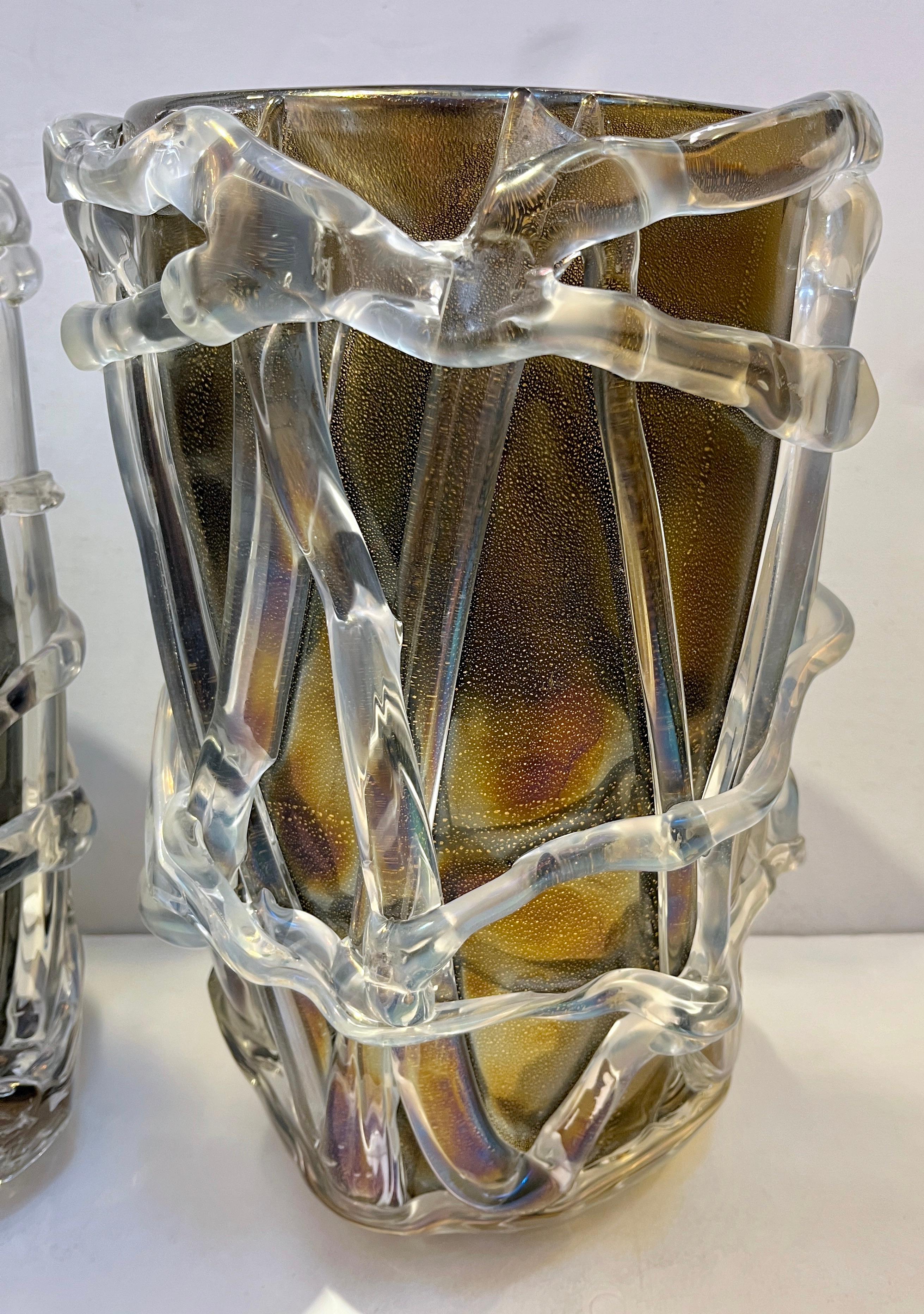 Cenedese Italian Modern Pair of Iridescent Black Gold Crystal Murano Glass Vases 11