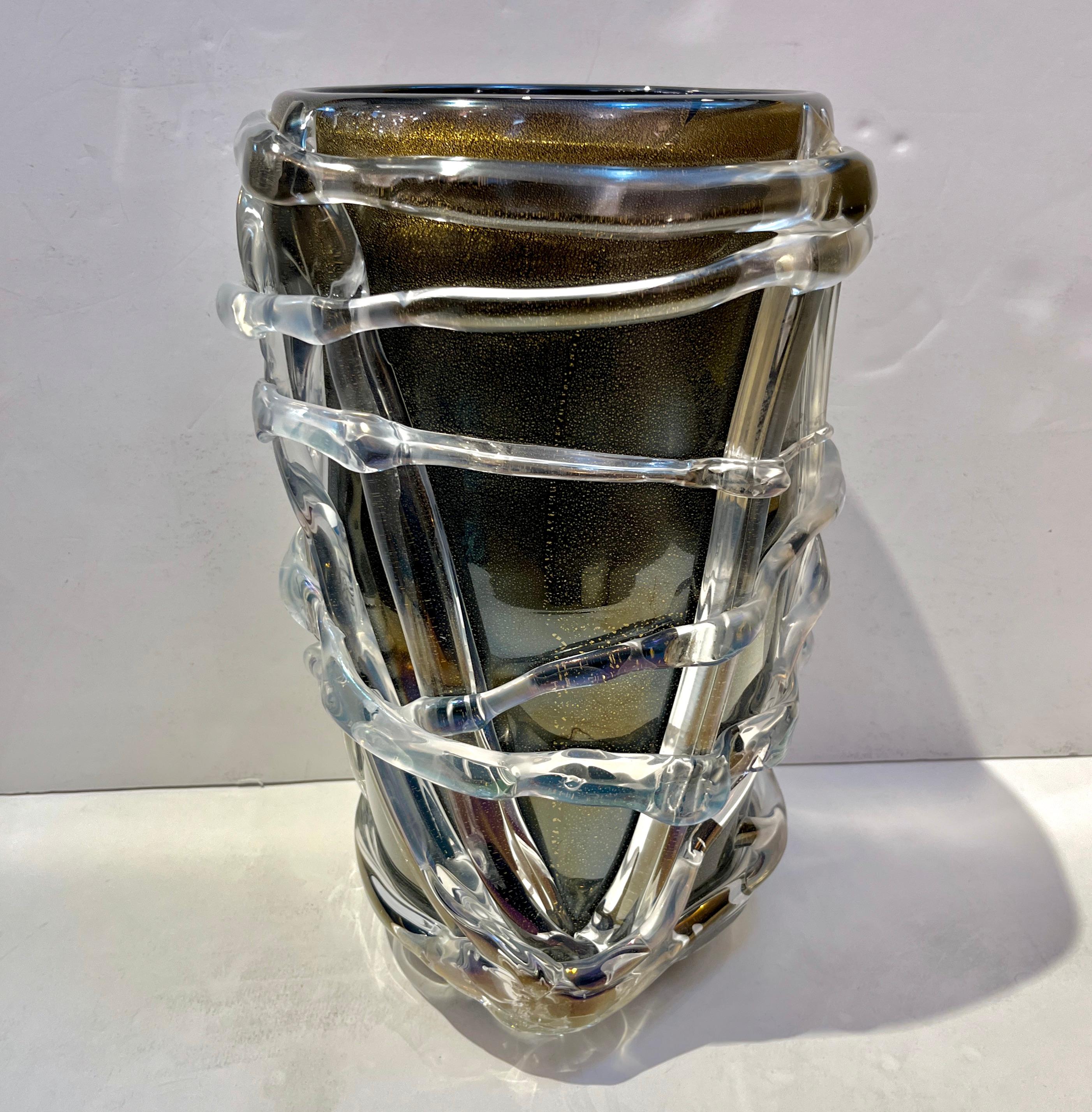 Cenedese Italian Modern Pair of Iridescent Black Gold Crystal Murano Glass Vases 12
