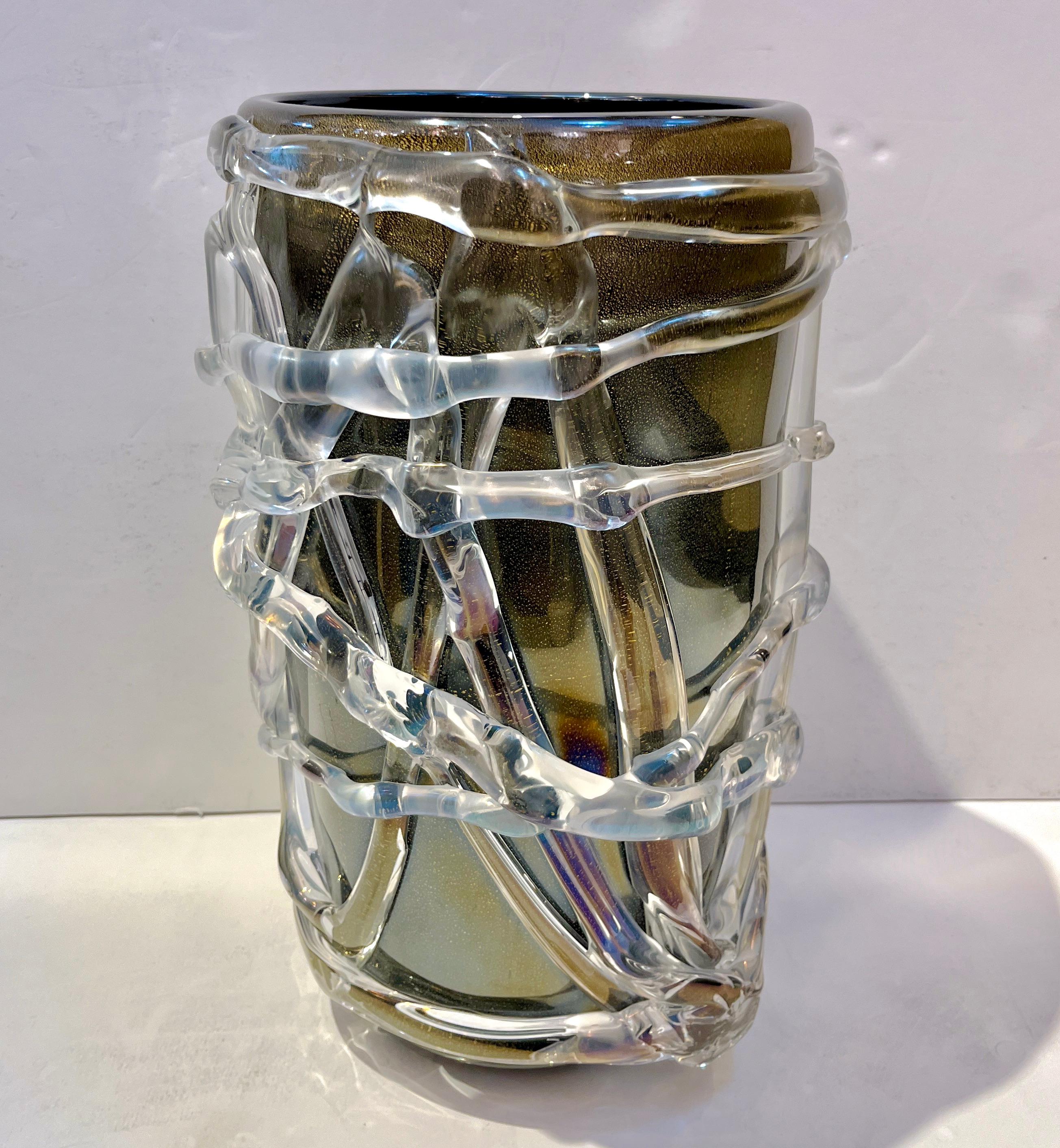 Cenedese Italian Modern Pair of Iridescent Black Gold Crystal Murano Glass Vases 13