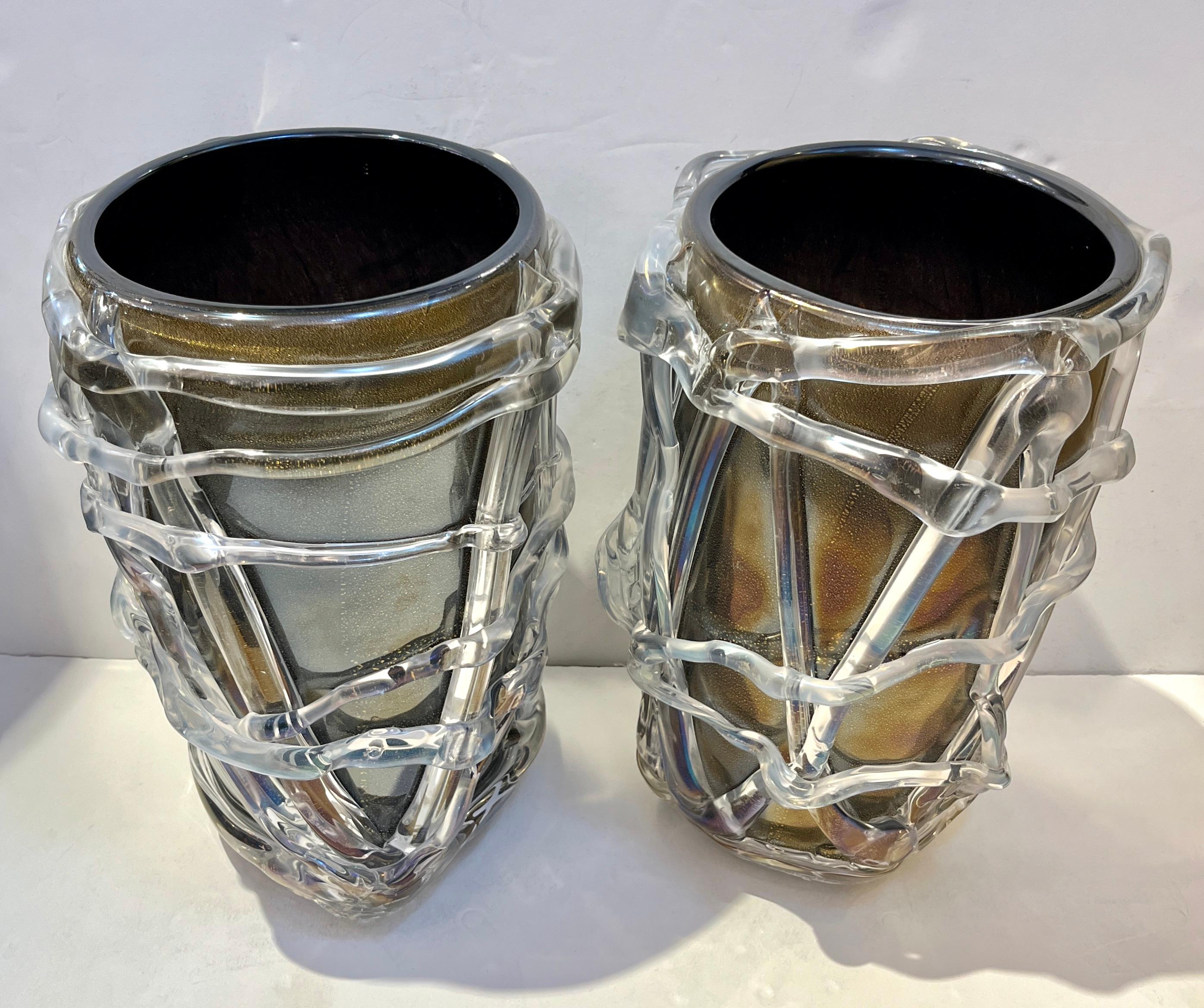 Post-Modern Cenedese Italian Modern Pair of Iridescent Black Gold Crystal Murano Glass Vases