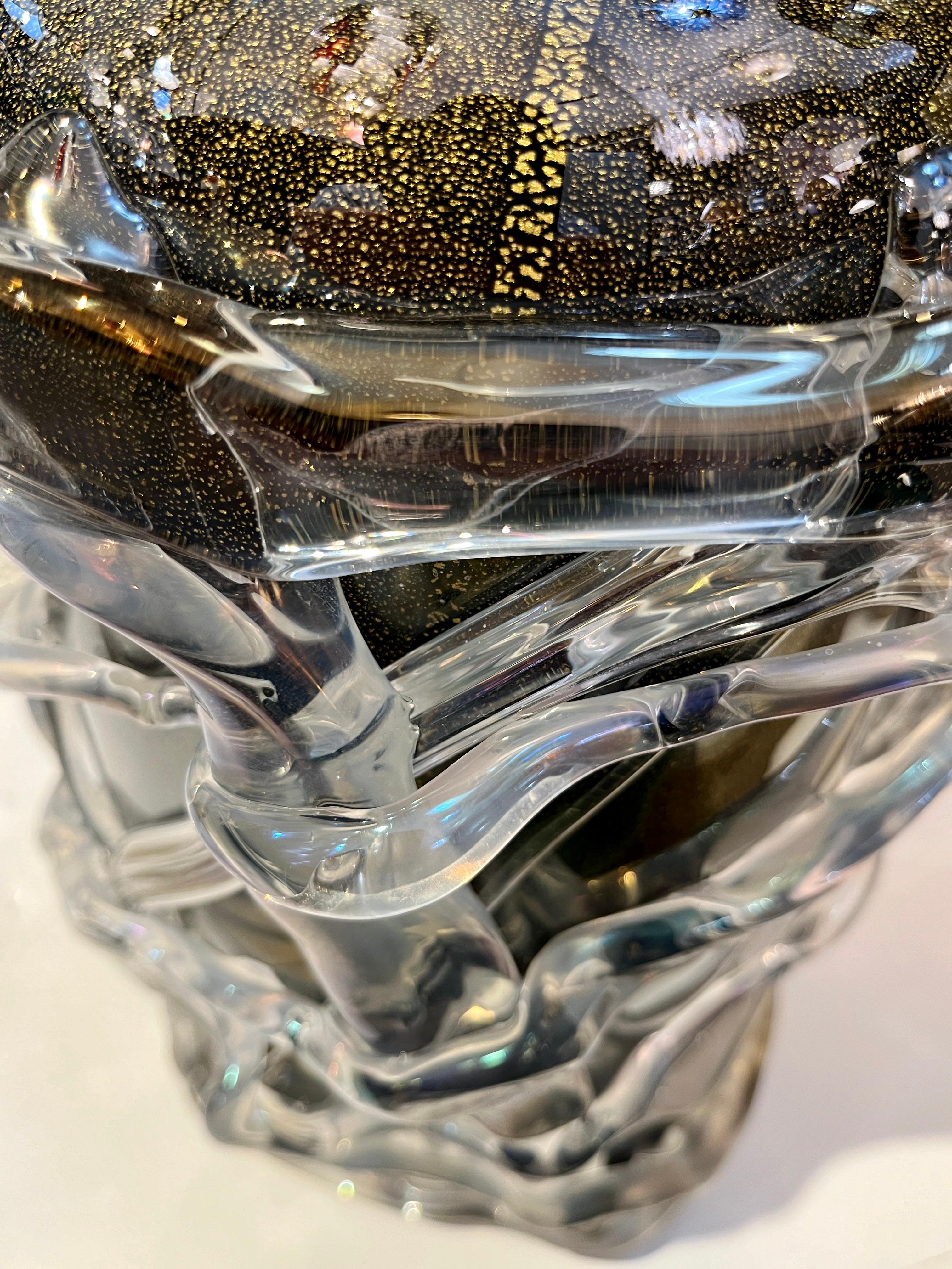 Cenedese Italian Modern Pair of Iridescent Black Gold Crystal Murano Glass Vases In Excellent Condition In New York, NY