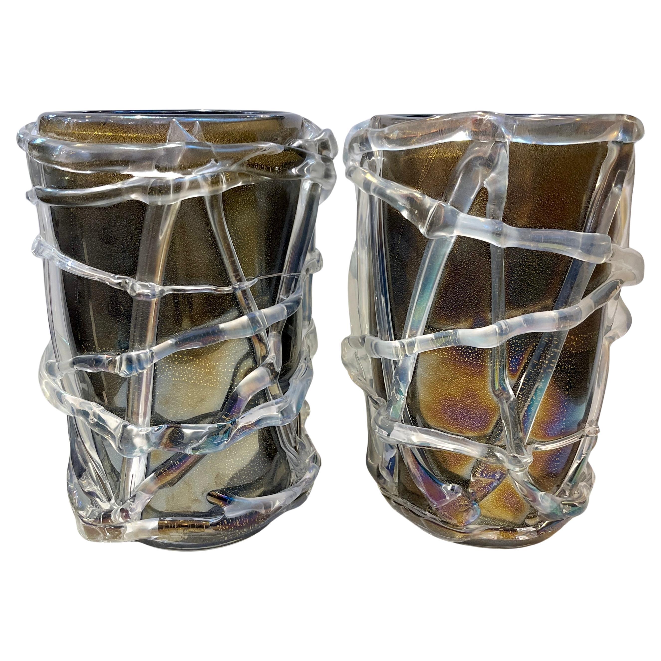 Cenedese Italian Modern Pair of Iridescent Black Gold Crystal Murano Glass Vases