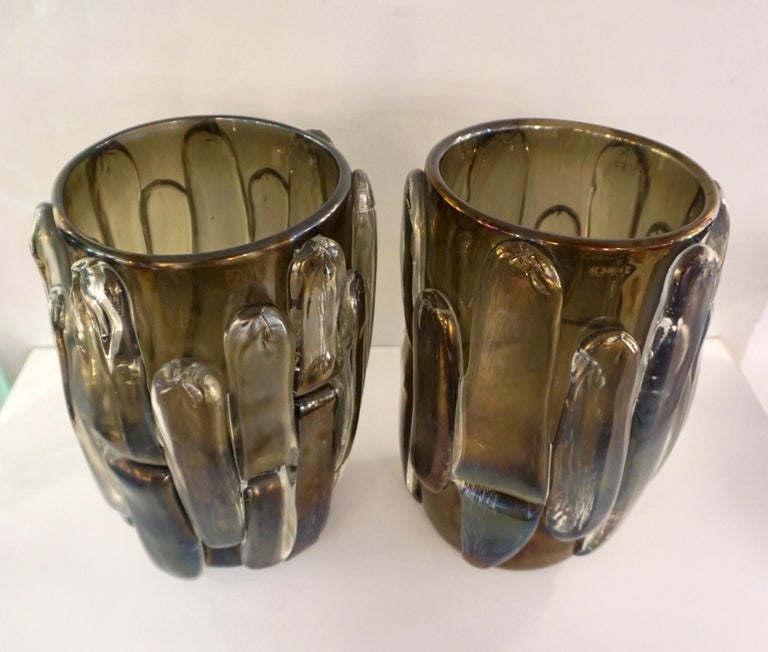 Cenedese Italian Modern Pair of Iridescent Black Smoked Murano Glass Vases For Sale 3