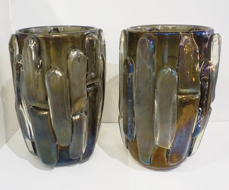 Cenedese Italian Modern Pair of Iridescent Black Smoked Murano Glass Vases For Sale 8