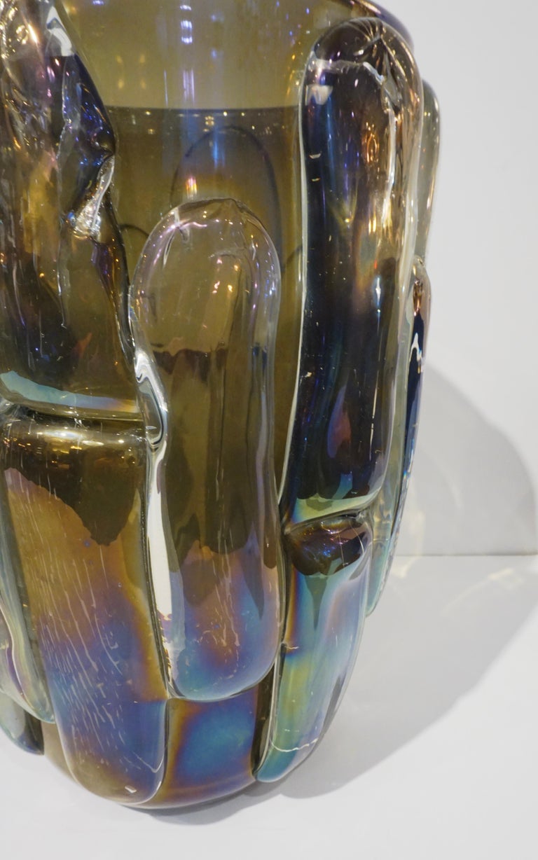 Cenedese Italian Modern Pair of Iridescent Black Smoked Murano Glass Vases For Sale 10
